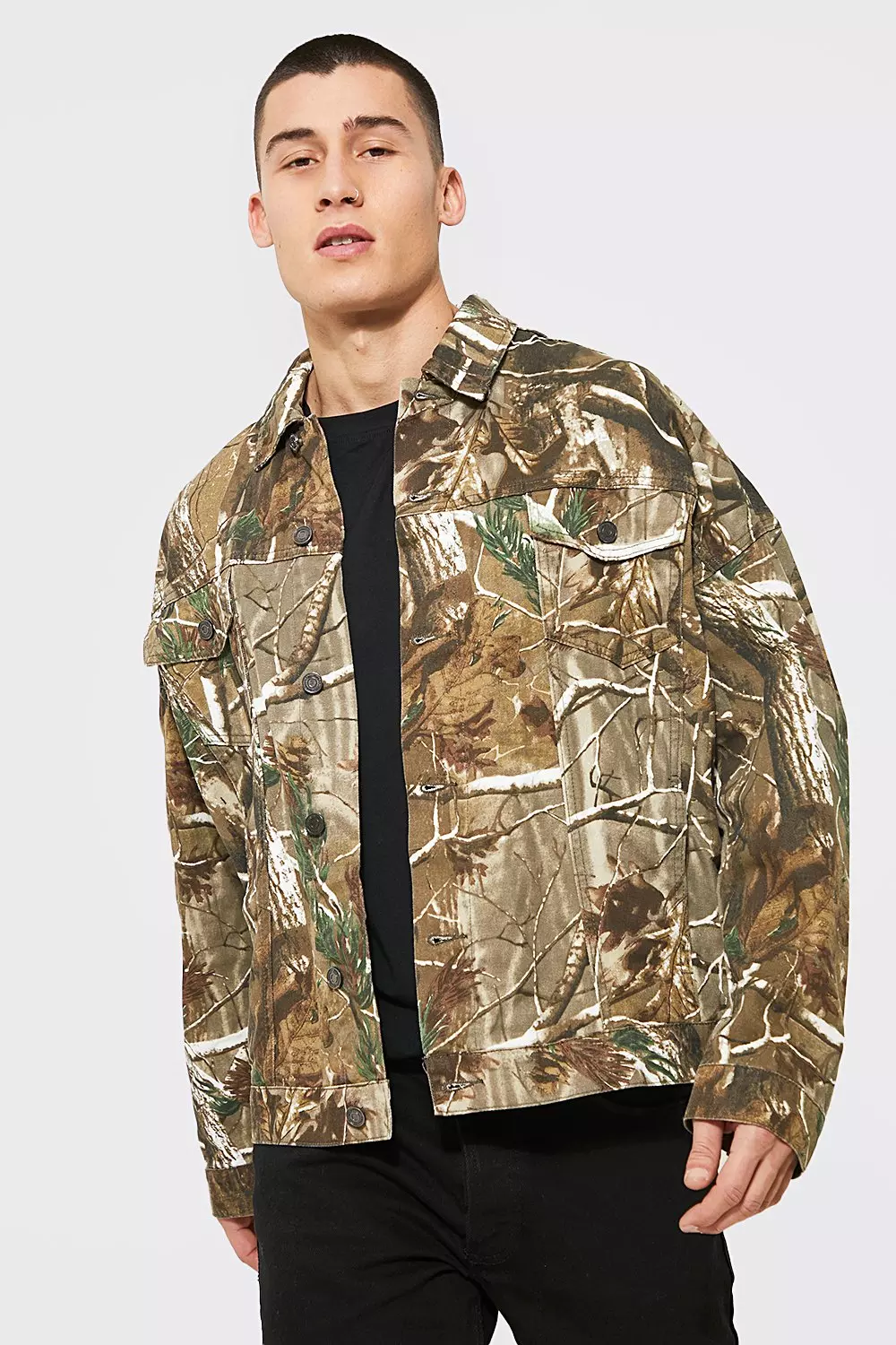 Khaki Oversized Twig Print Denim Jacket alternative image
