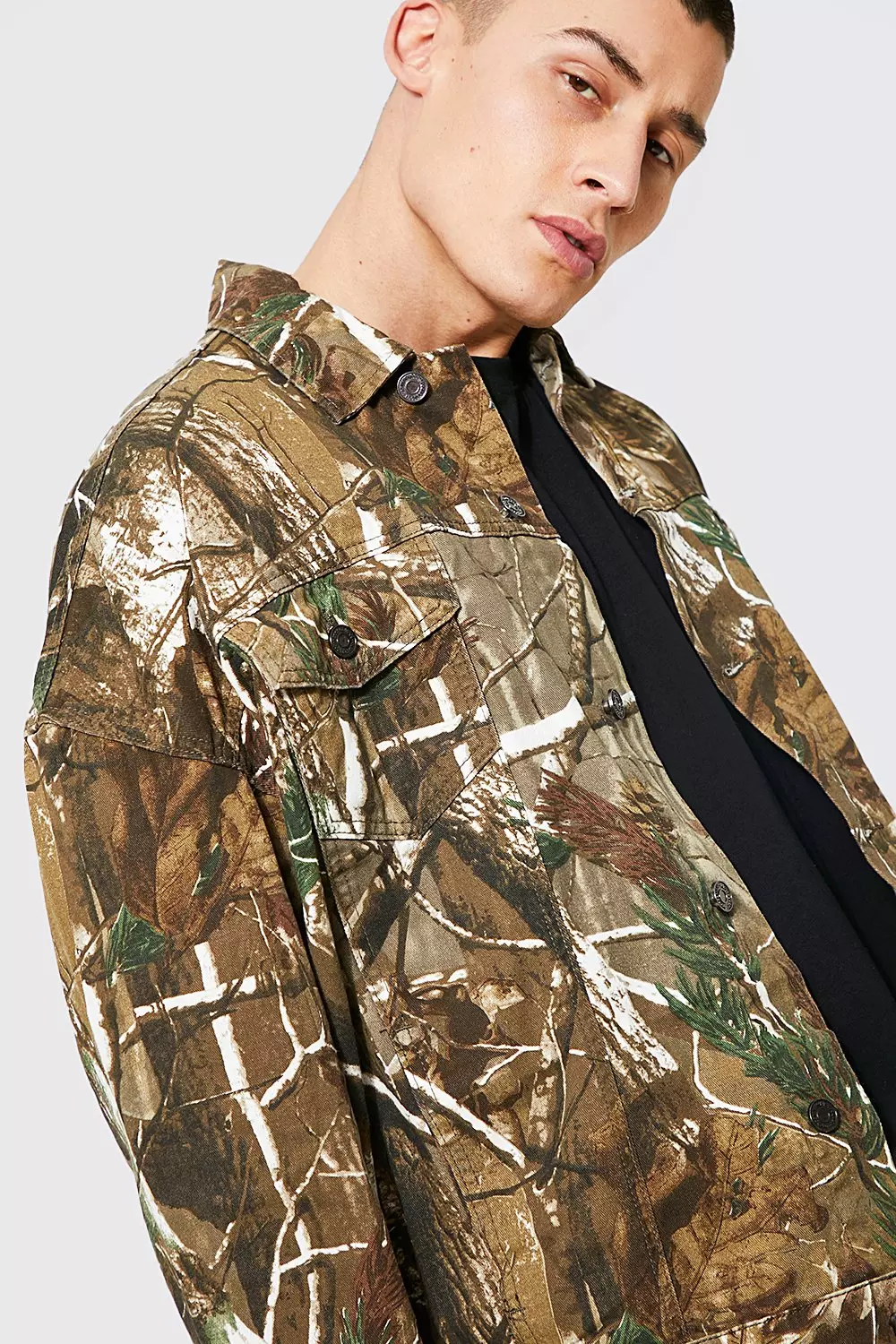 Khaki Oversized Twig Print Denim Jacket alternative image