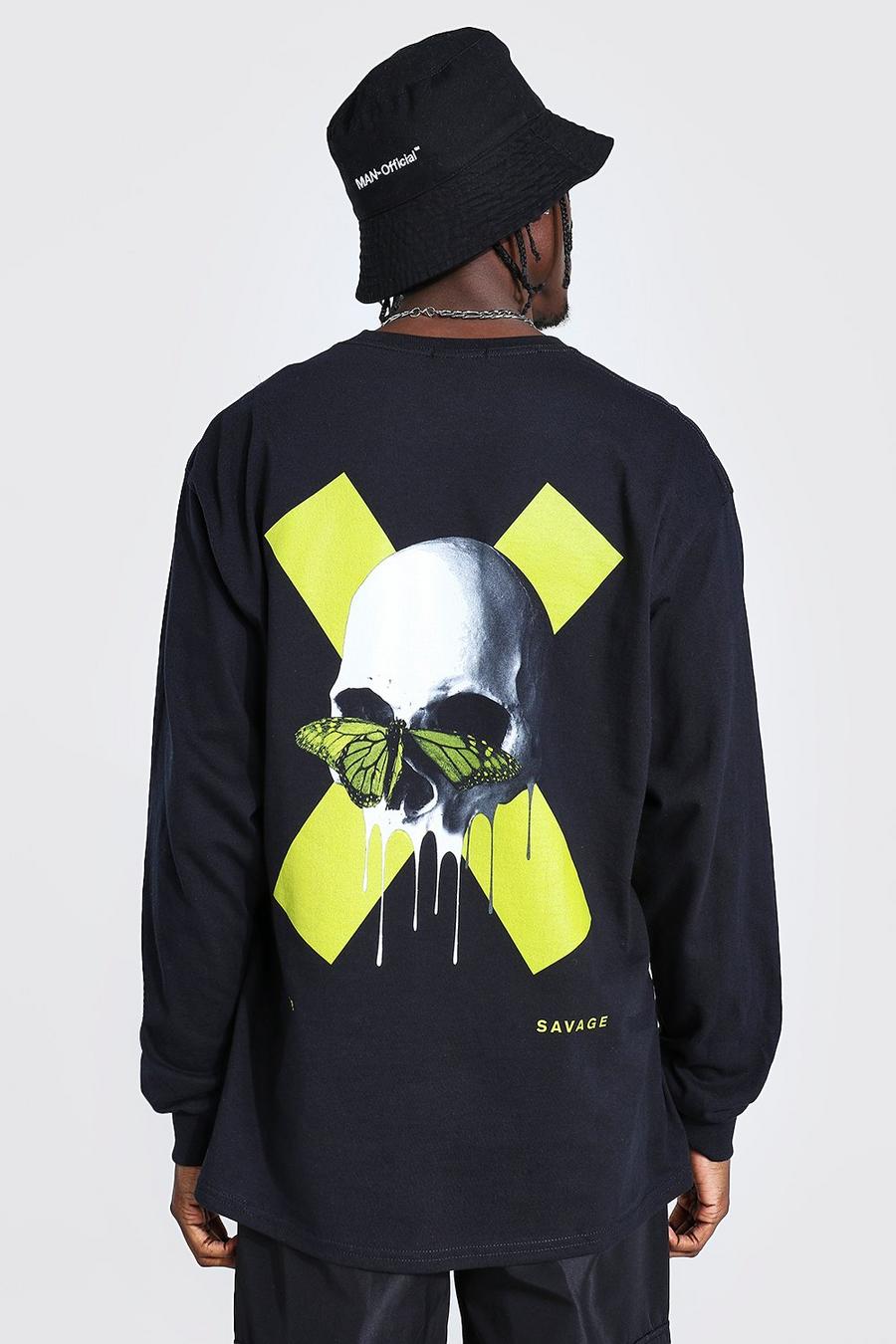 Black Loose Fit Ls Drip Skull Back Graphic T-Shirt image number 1
