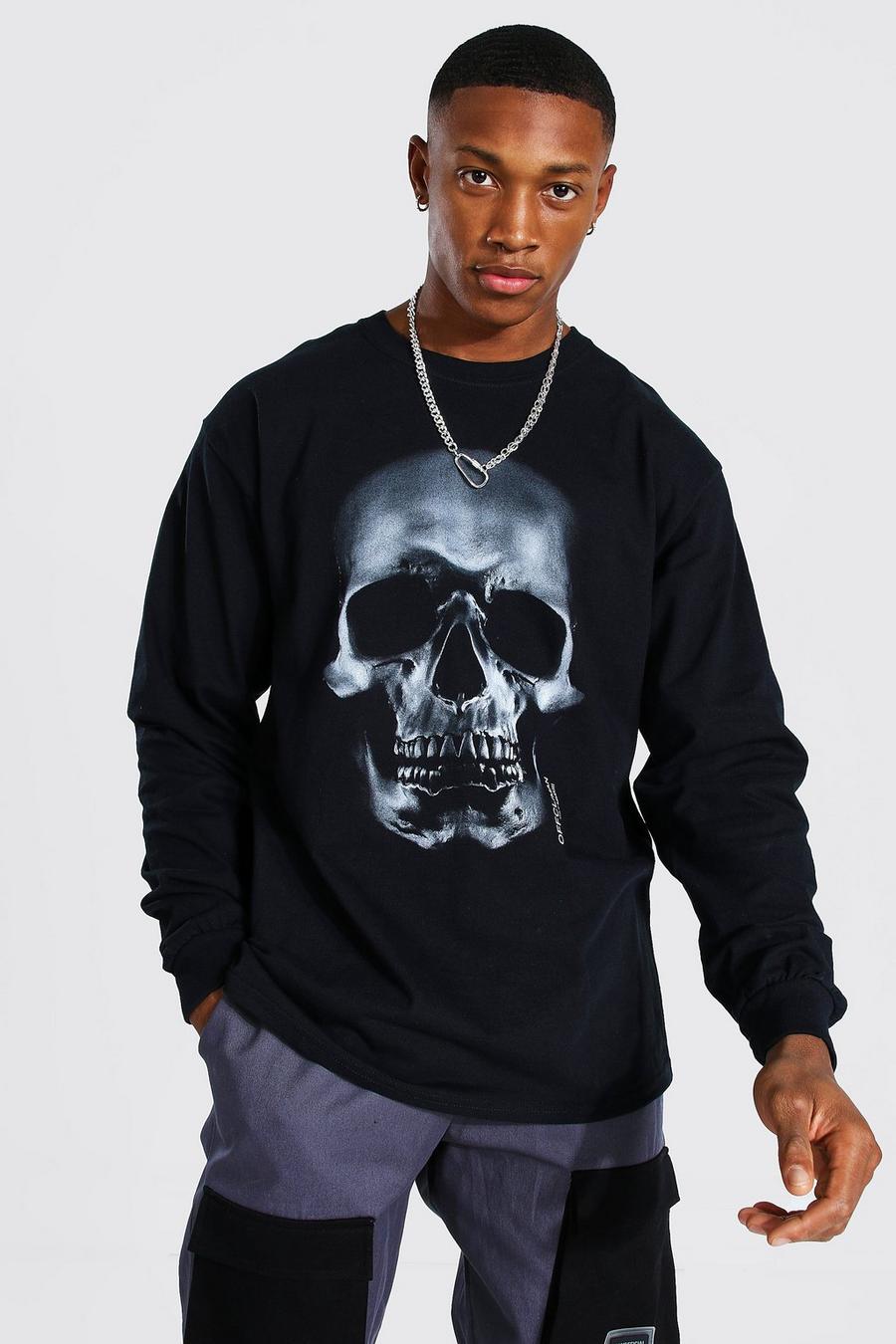 Black Loose Fit Ls Skull Front Graphic T-Shirt image number 1