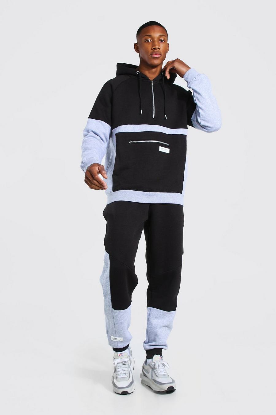 Black Official Man Colour Block Hooded Tracksuit image number 1