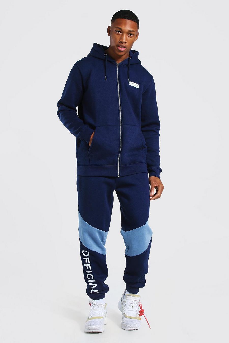 Navy Official Man Colour Block Zip Hood Tracksuit image number 1