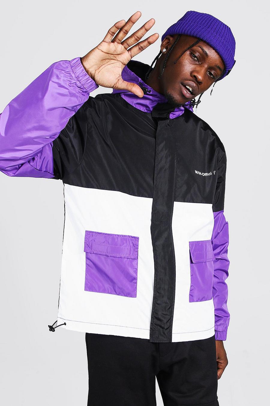 Regenjacke mit Man-Branding und Brusttasche im Blockstreifen-Design, Violett image number 1