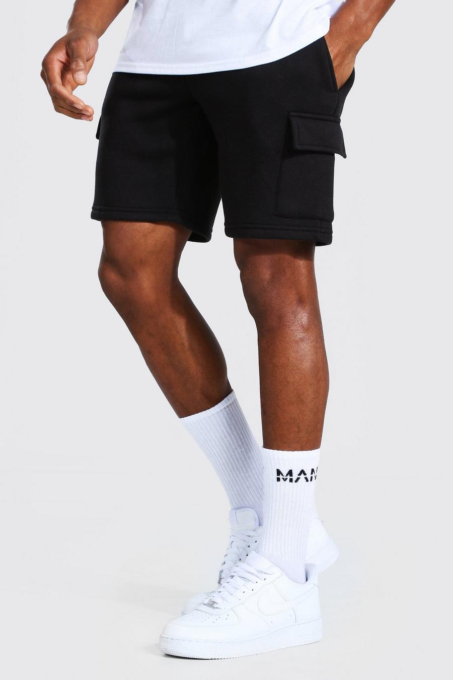 Black Basic Mid Length Slim Cargo Shorts image number 1
