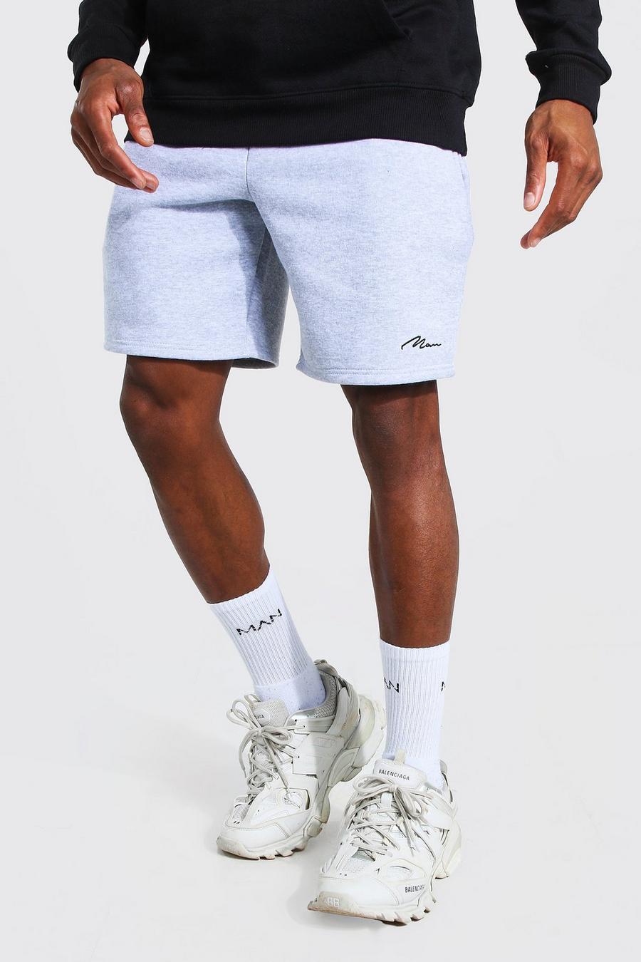 Mittellange Jersey-Shorts mit Man-Schriftzug, Regular Fit, Grau meliert image number 1