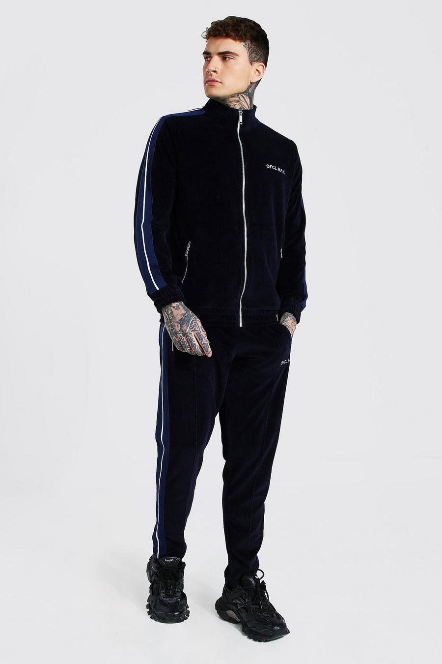 Navy Official Velour Funnel Neck Tape Tracksuit image number 1