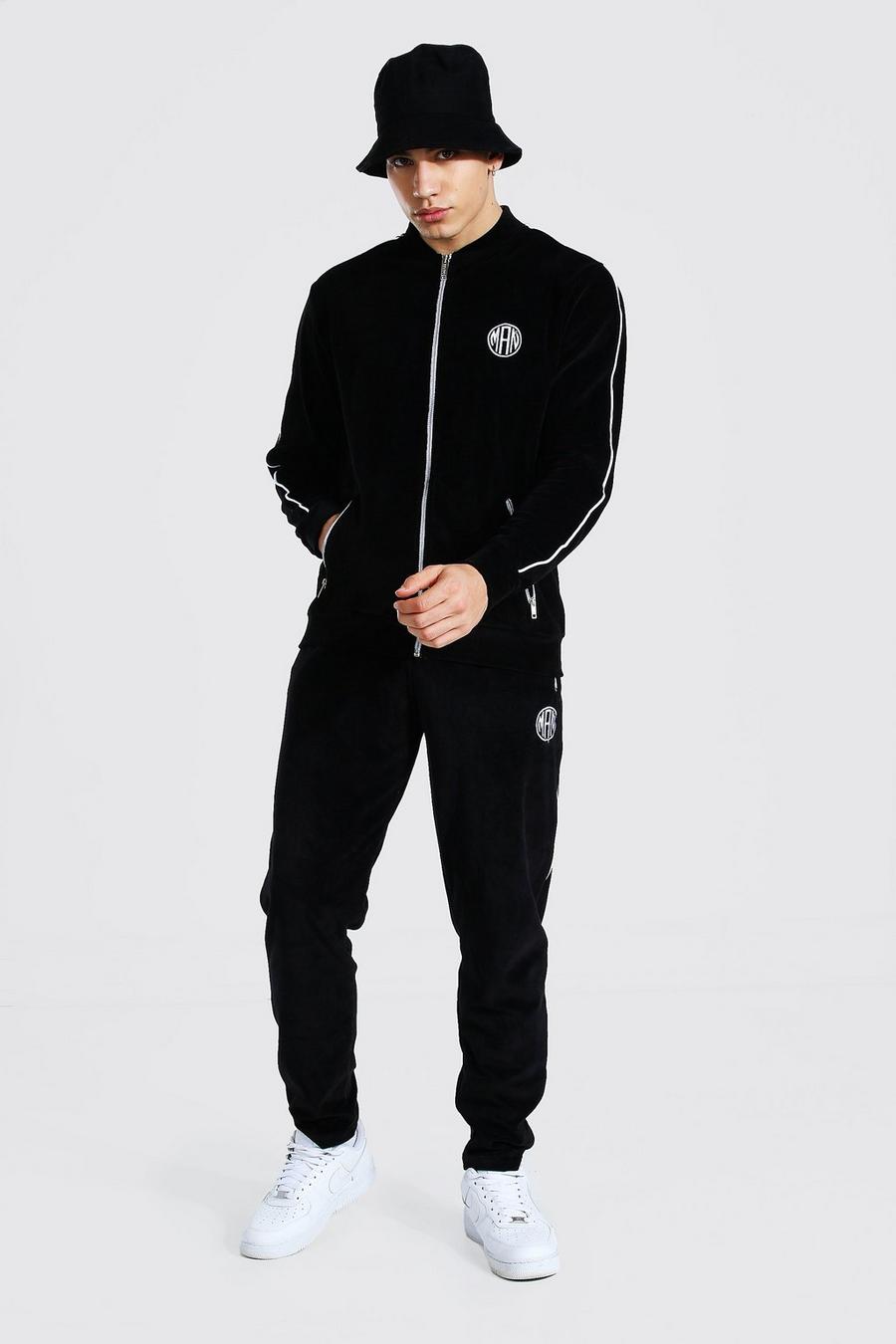 Black Man Velour Bomber Tracksuit With Piping image number 1