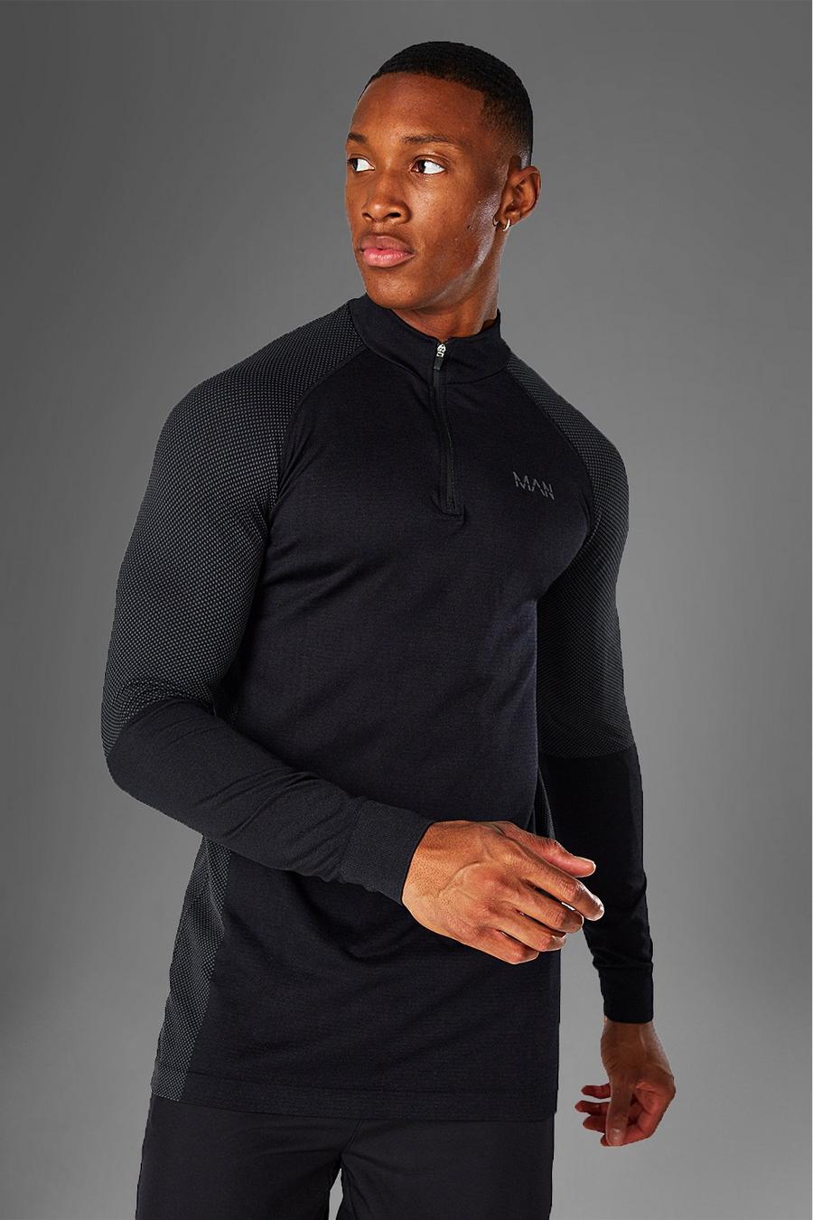 Black Active Gym Muscle Fit Seamless 1/4 Zip Top