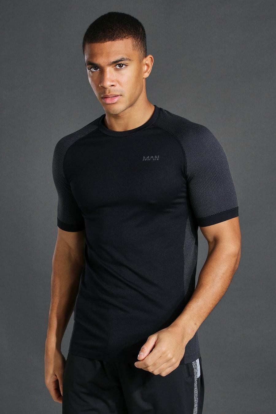 T-shirt attillata Man Active Gym senza cuciture, Nero