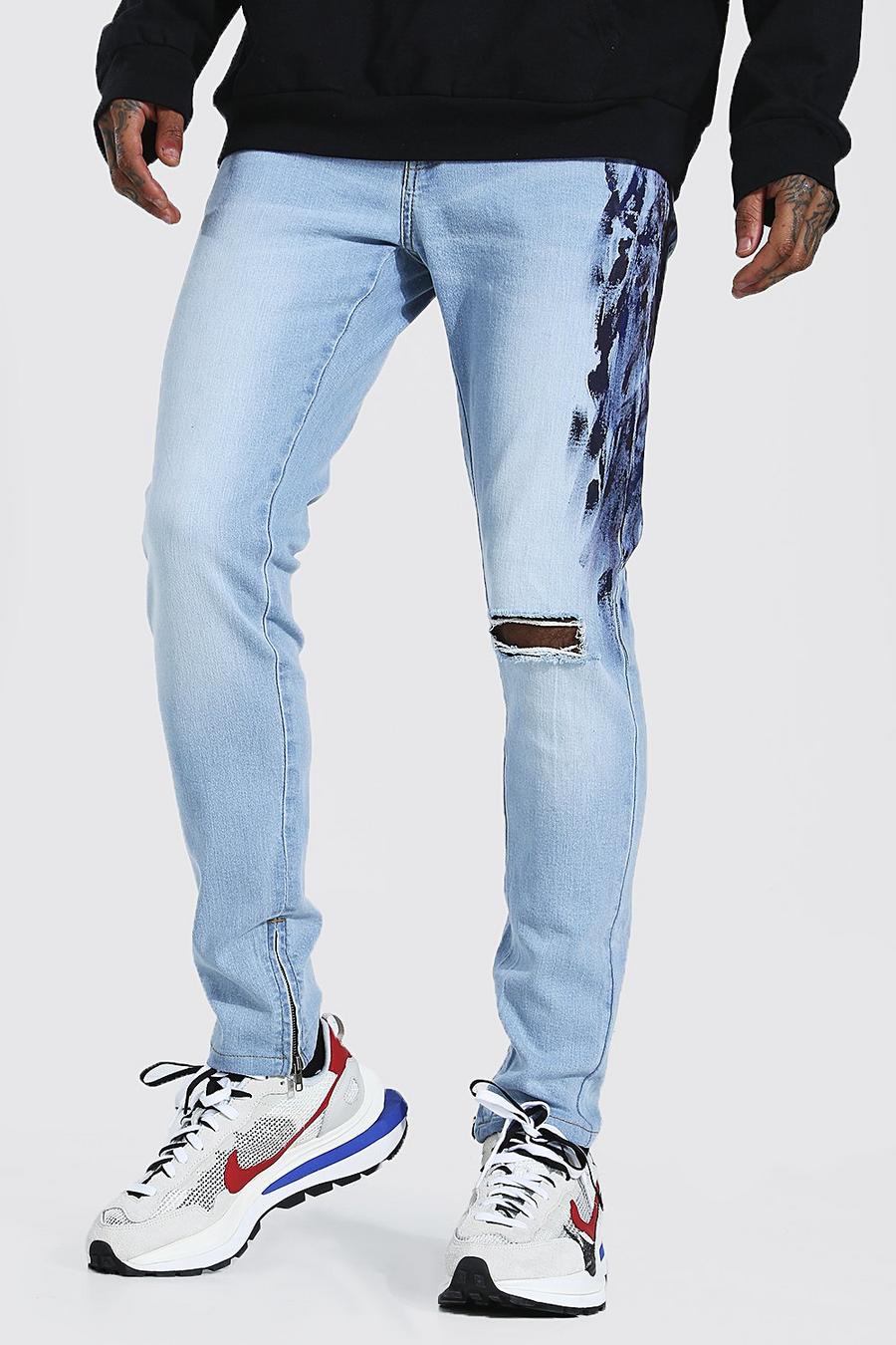 Ice blue Skinny jeans med stretch och målade detaljer image number 1