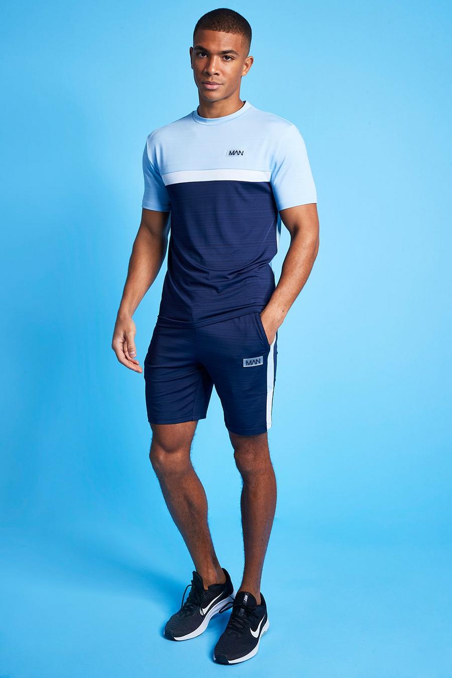 Pale blue MAN Active Melerad träningsoverall med shorts och blockfärger image number 1