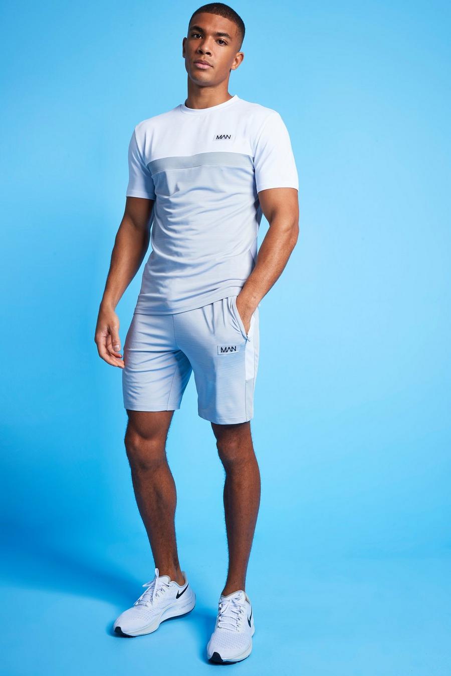 White MAN Active Melerad träningsoverall med shorts och blockfärger image number 1