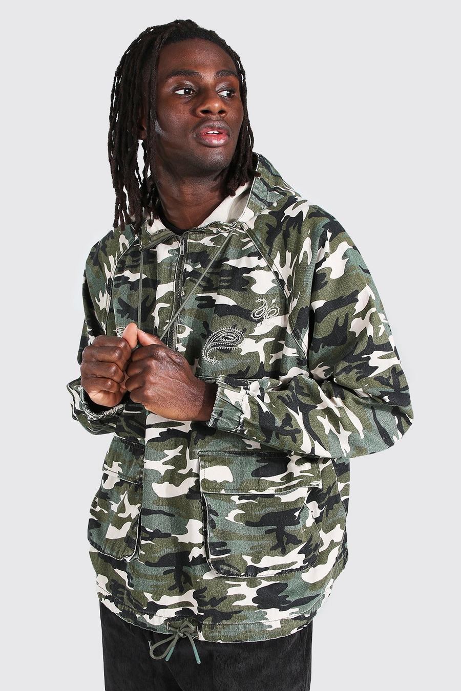 Veste en jean camouflage oversize à capuche, Khaki image number 1