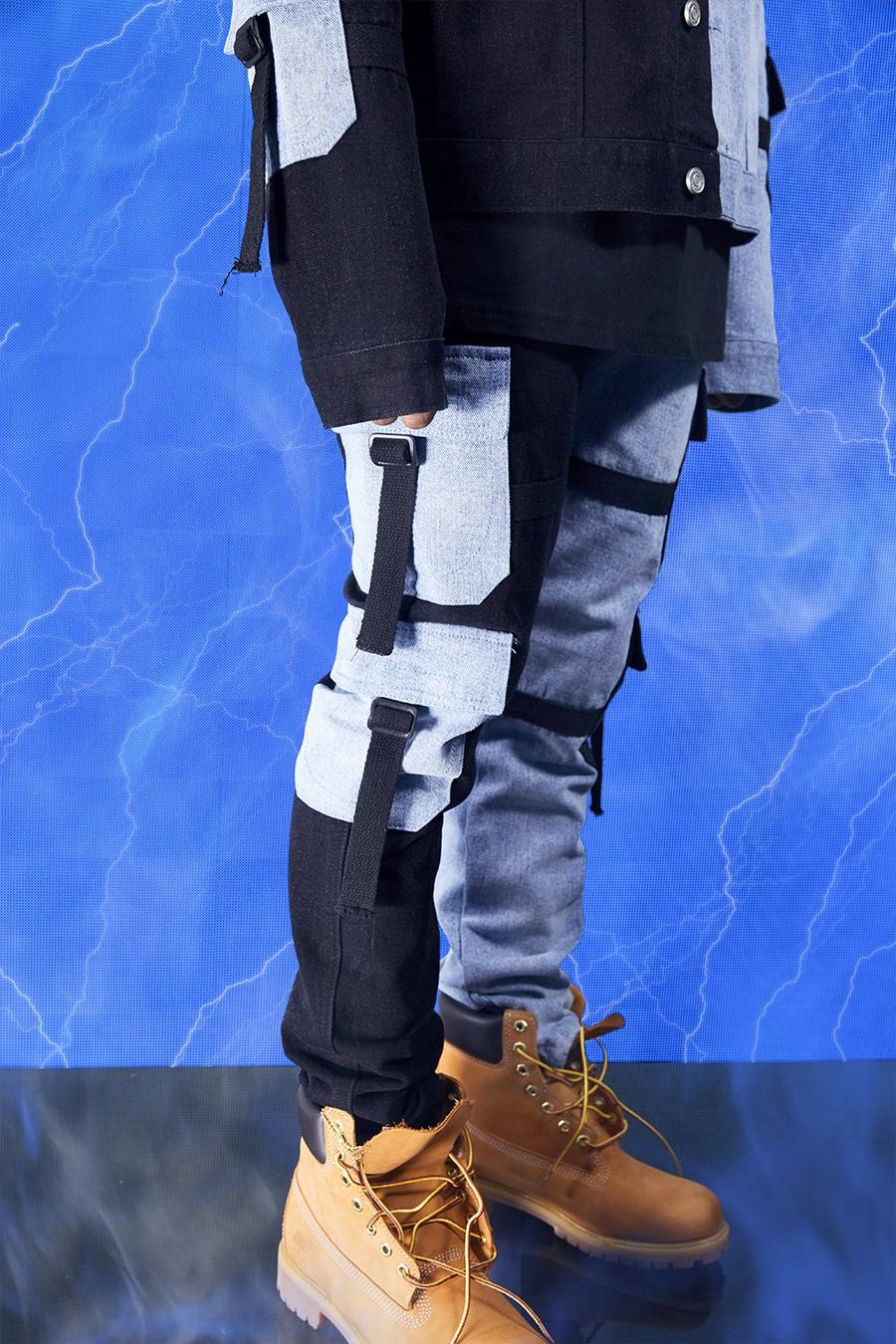 Ice blue Skinny jeans i rigid denim med cargofickor i kontrastfärg image number 1