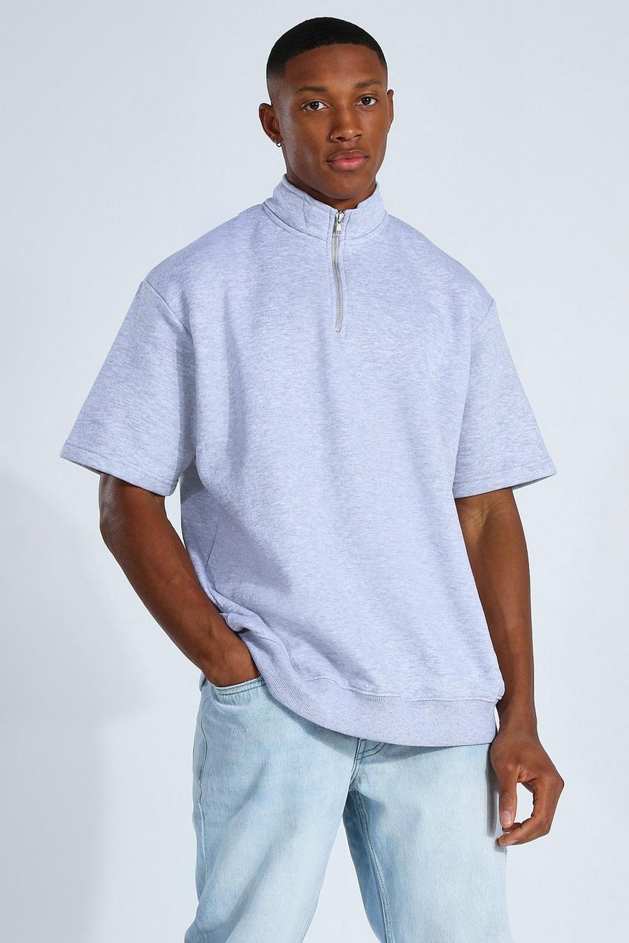 Kurzärmliges Sweatshirt in Übergröße mit Trichterkragen, Grau meliert image number 1