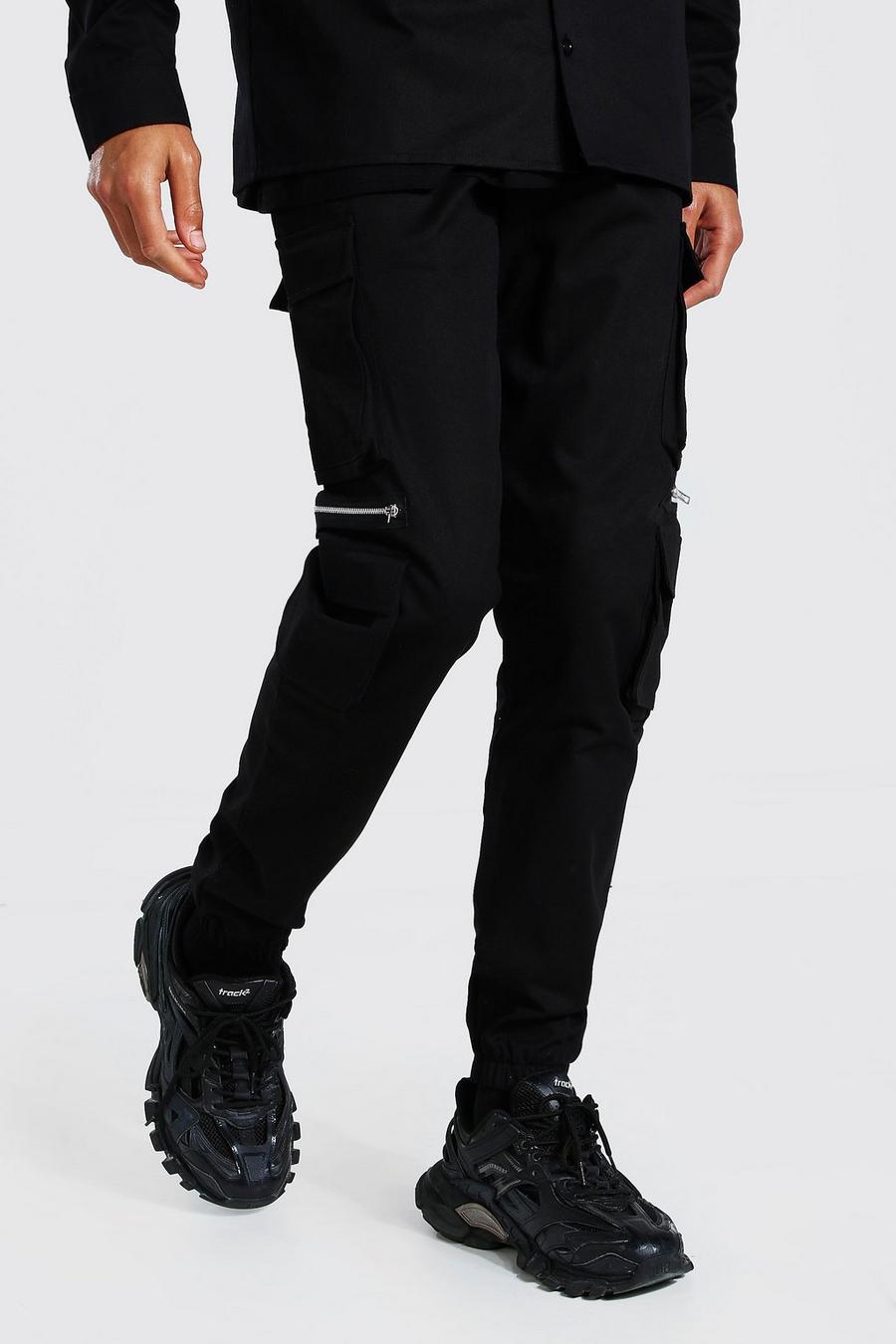 שחור מכנסי דגמ"ח מבד טוויל מרובי כיסים עם רוכסנים לגברים גבוהים image number 1