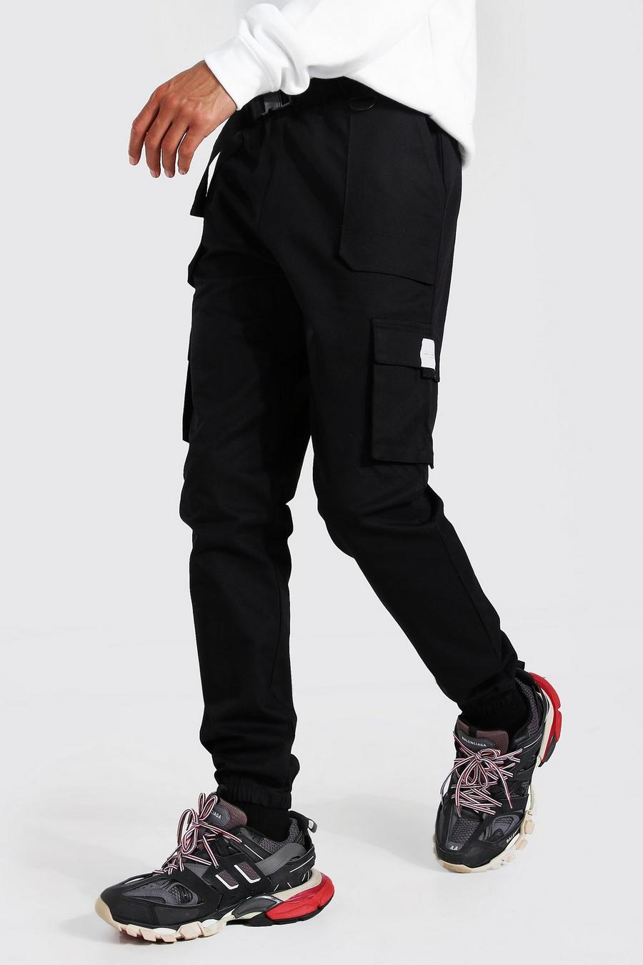 Pantalones de sarga deportivos con cinturón y lengüeta Tall, Negro image number 1