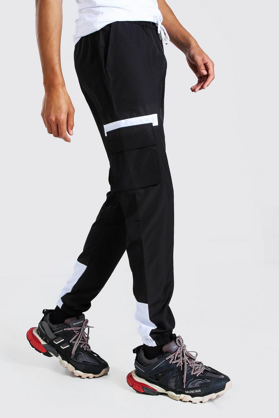 Black Tall Shell Cargo Contrast Track Pants With Badge image number 1