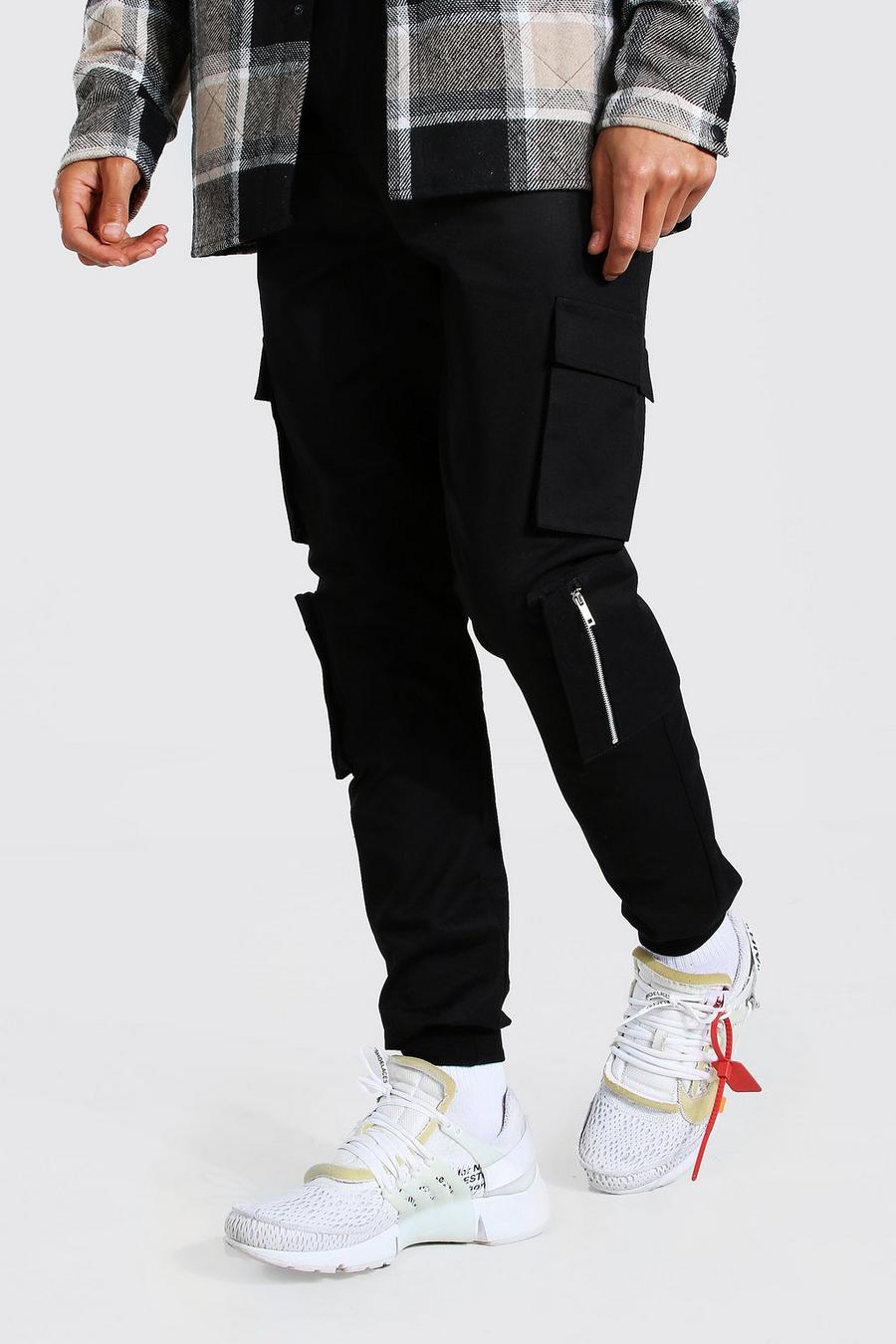 Black Tall Multi Cargo Pocket Cuffed Trousers image number 1