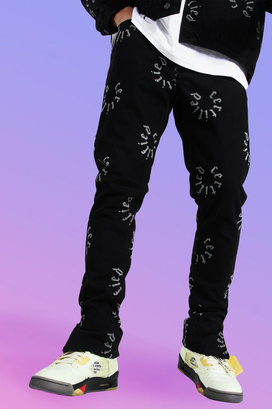 שחור אמיתי סקיני ג'ינס מבד קשיח עם כיתוב Certified image number 1