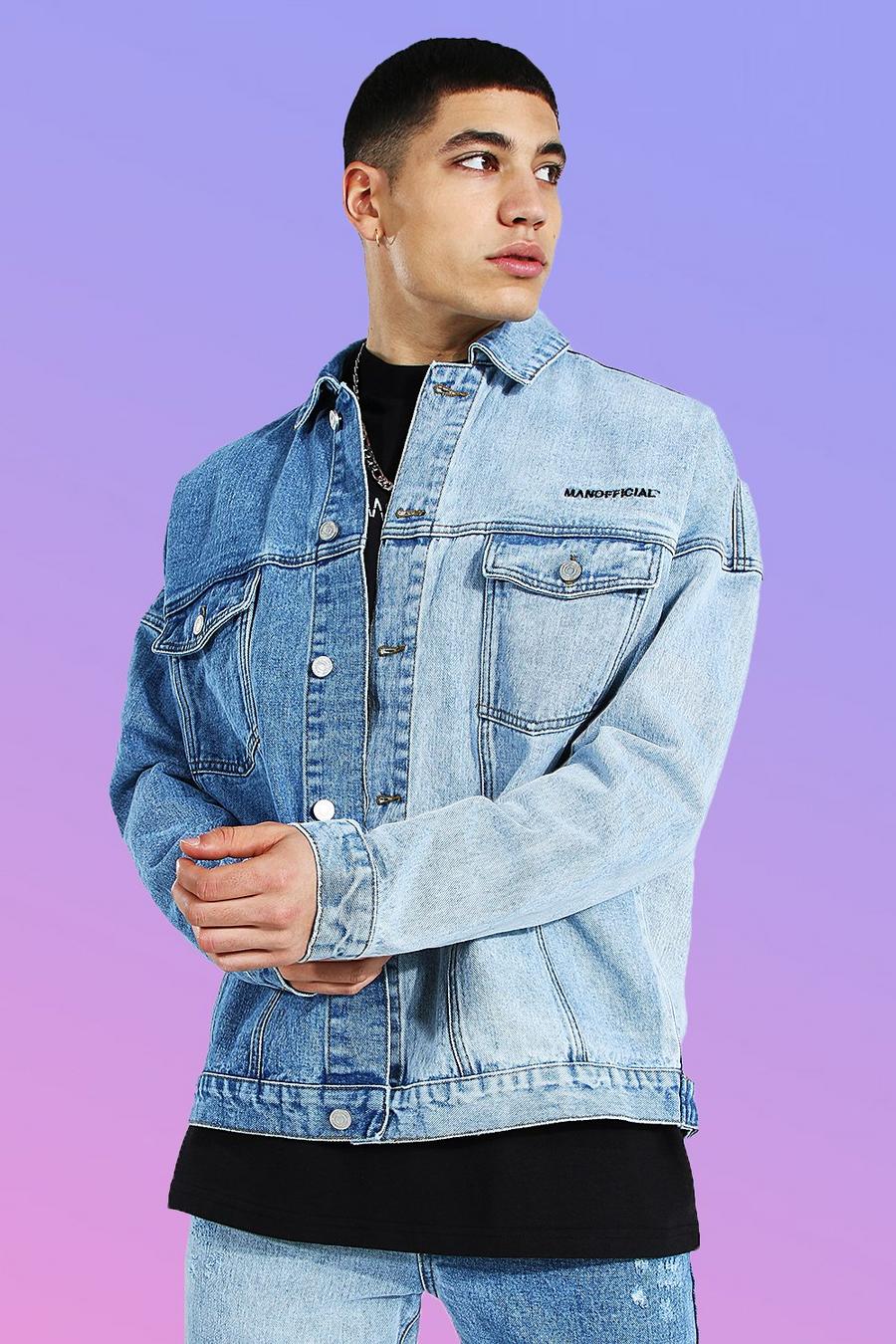 כחול קרח ז'קט אוברסייז מבד ג'ינס עם פאנלים וכיתוב Man Official image number 1
