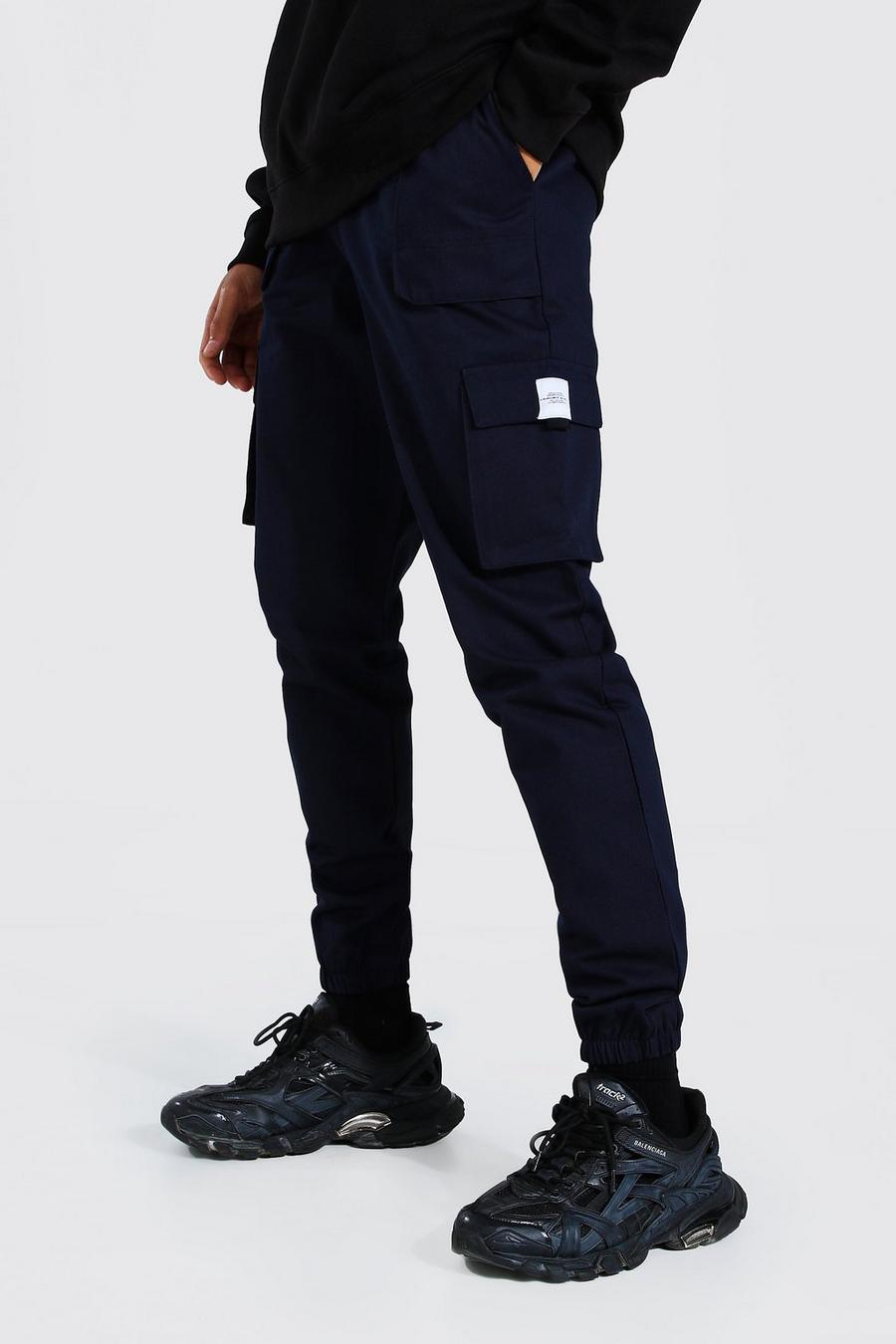 Pantaloni tuta cargo Tall in twill con cintura davanti e linguetta, Blu oltremare image number 1
