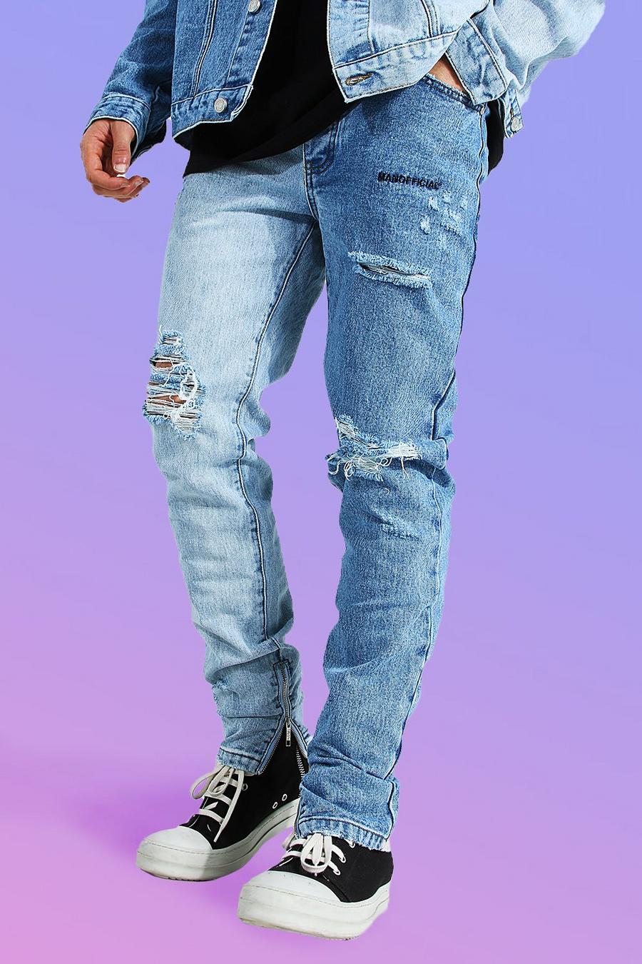כחול קרח סקיני ג'ינס מבד קשיח עם קרעים בברכיים image number 1