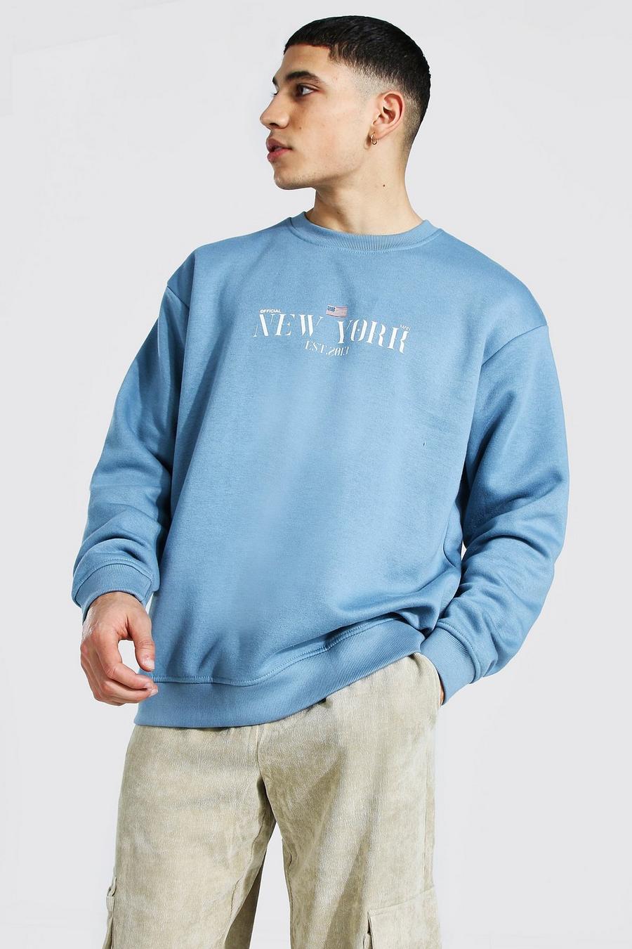 Sweatshirt in Übergröße mit New York-Print, Taubenblau image number 1
