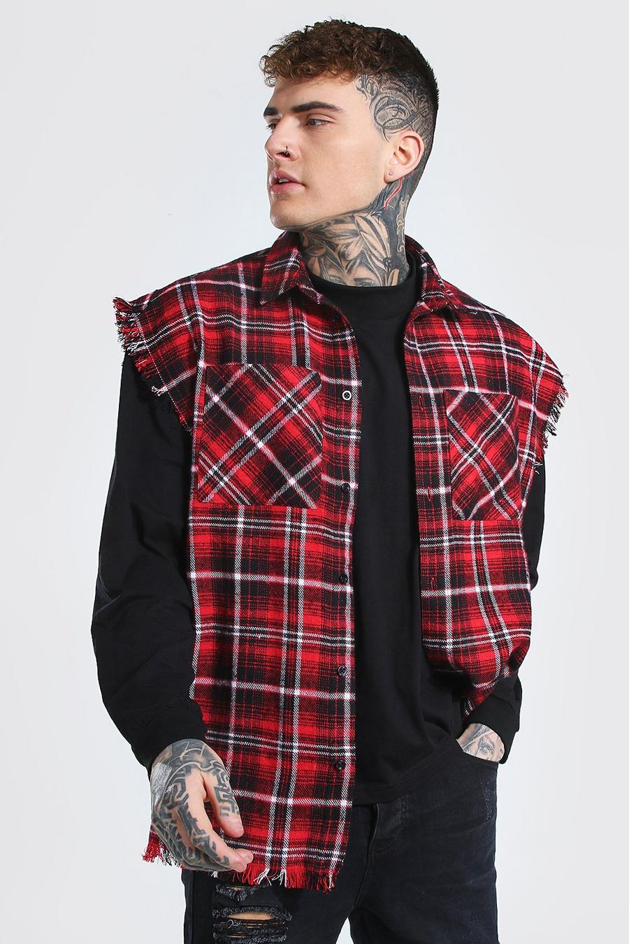 Red Boxy Sleeveless Check Shirt With Distressing image number 1