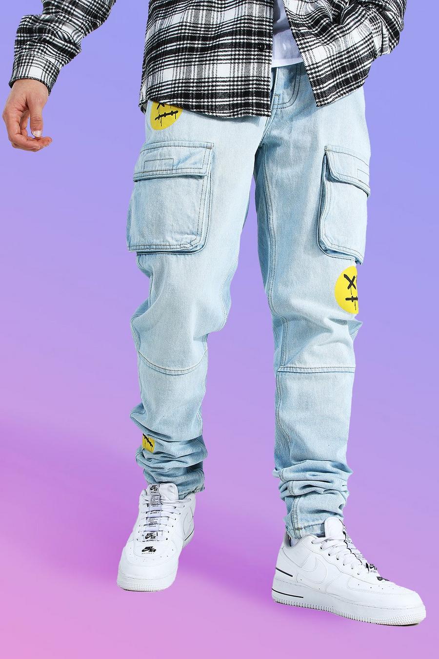 Ice blue Tapered Stacked Rigid Face Print Cargo Jeans image number 1