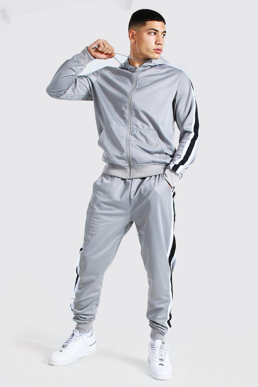 Poly-Trainingsanzug mit Reißverschluss, Kapuze und Streifen, Grau image number 1
