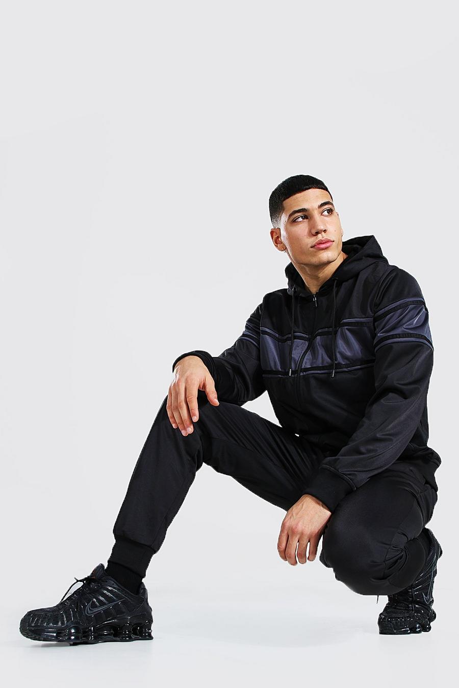 Black Poly Zip Hooded Tracksuit With Contrast Panel image number 1