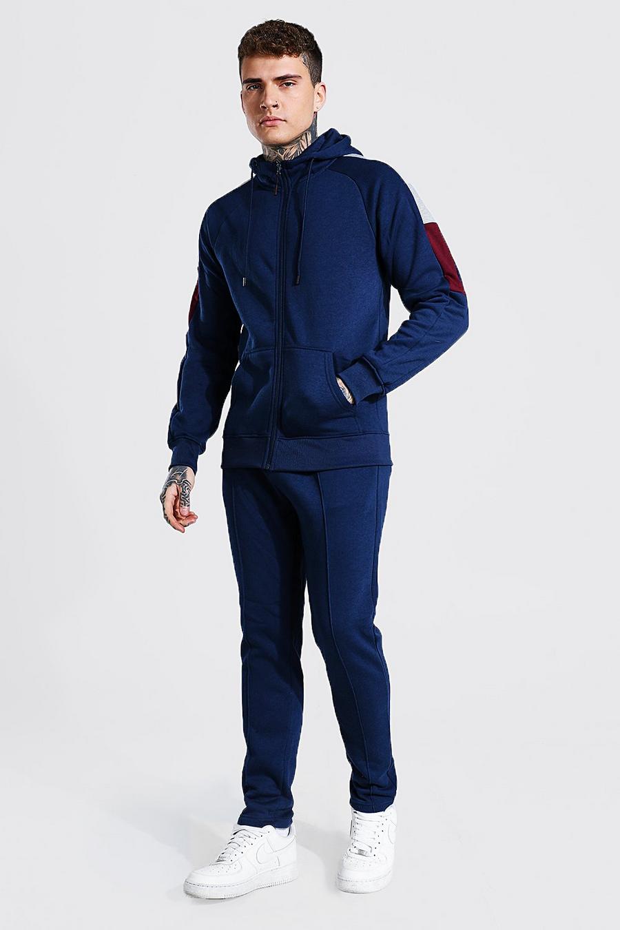 Navy Zip Through Hooded Sleeve Panel Tracksuit image number 1
