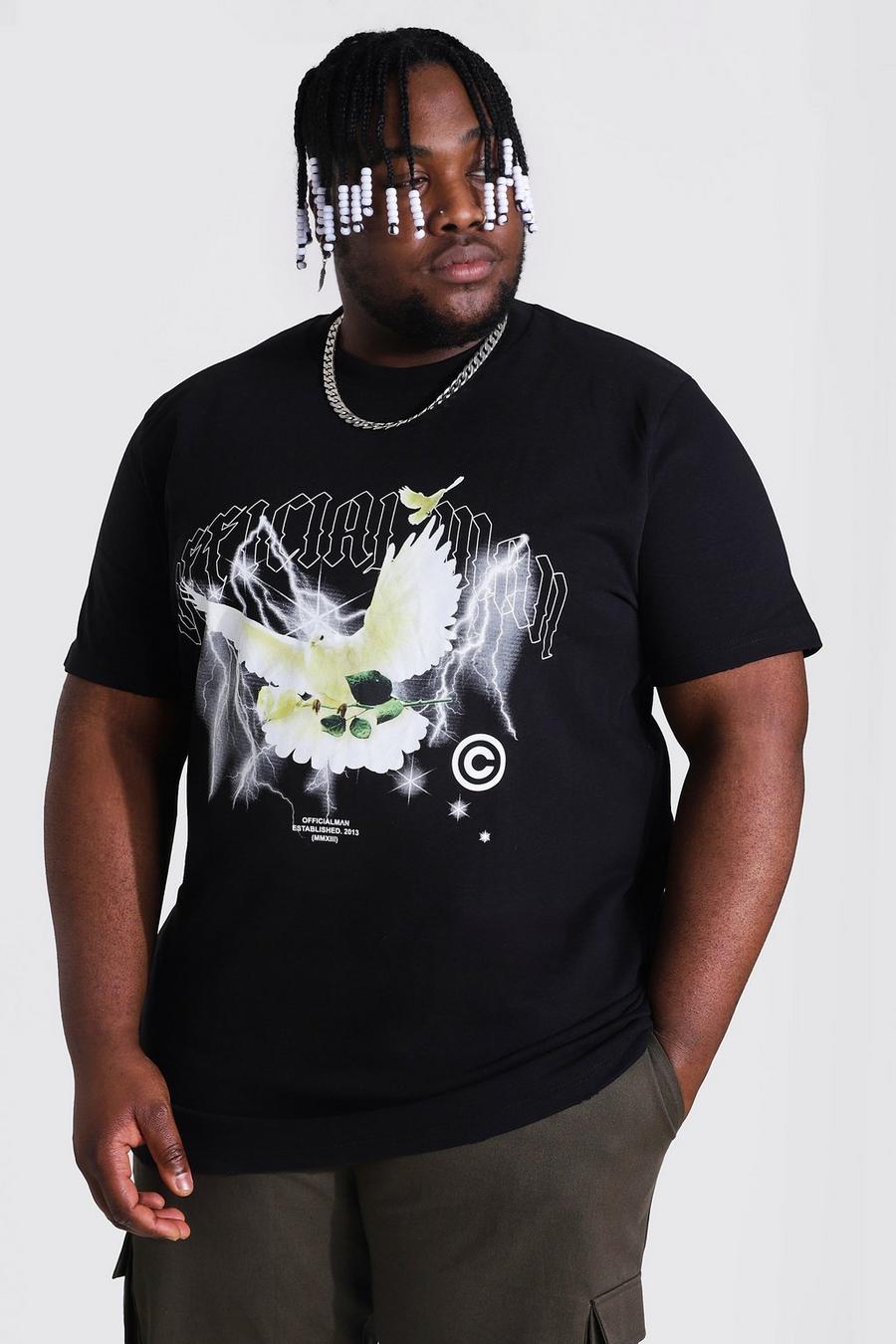 Plus Size T-Shirt mit Tauben-Print aus schwerem Gewebe, Schwarz image number 1