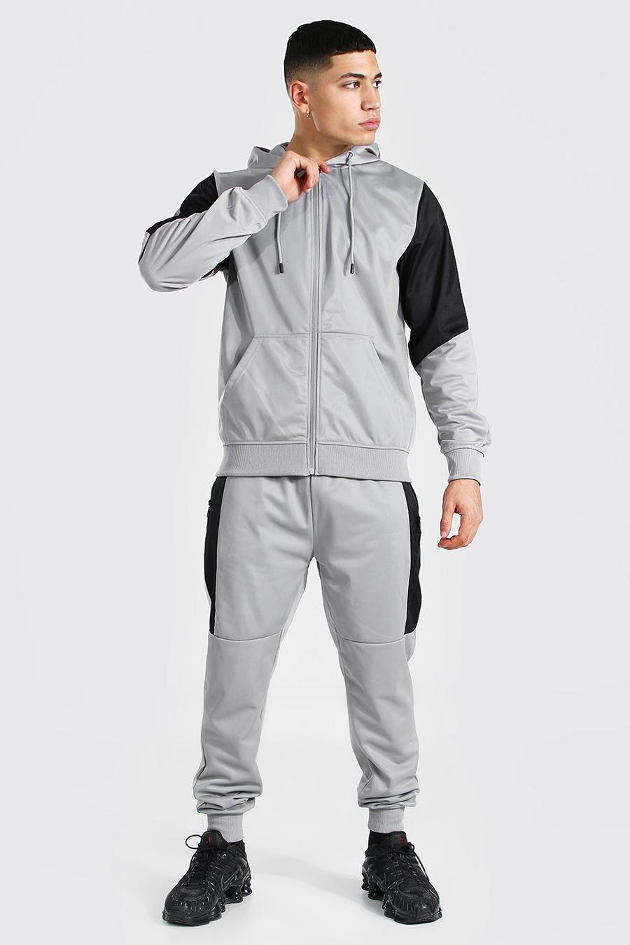Grey Poly Zip Hooded Tracksuit With Contrast Panel image number 1