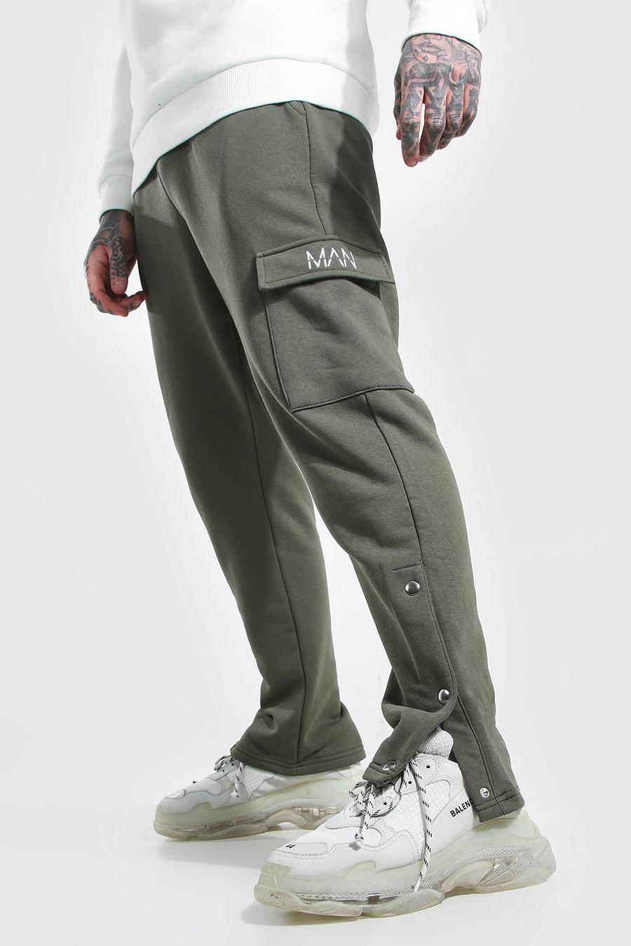 Pantaloni tuta cargo slim con bottoni automatici e scritta Man, Kaki image number 1