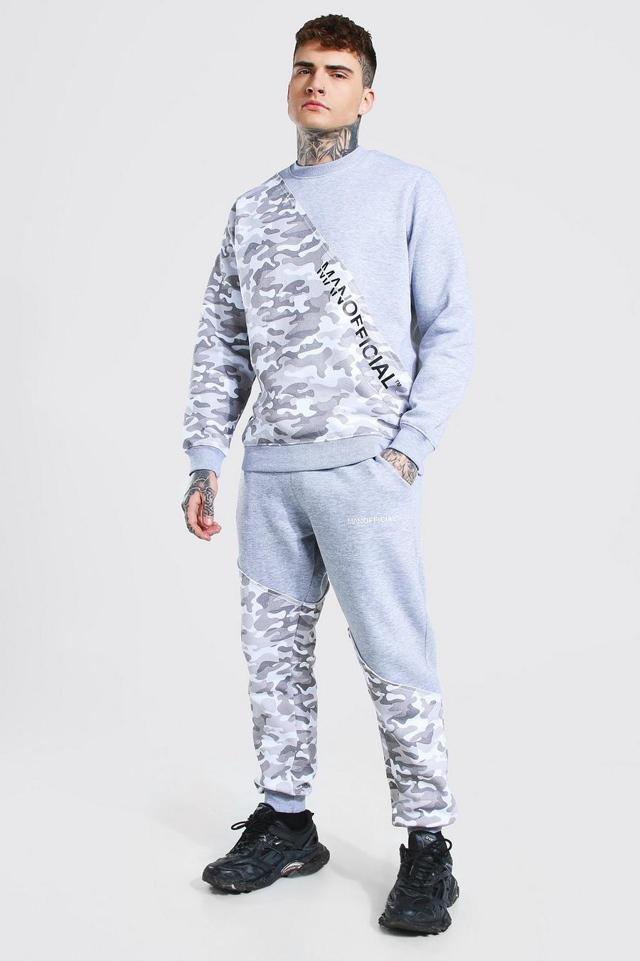 Grey Man Camo Spliced Raw Seam Sweater Tracksuit image number 1