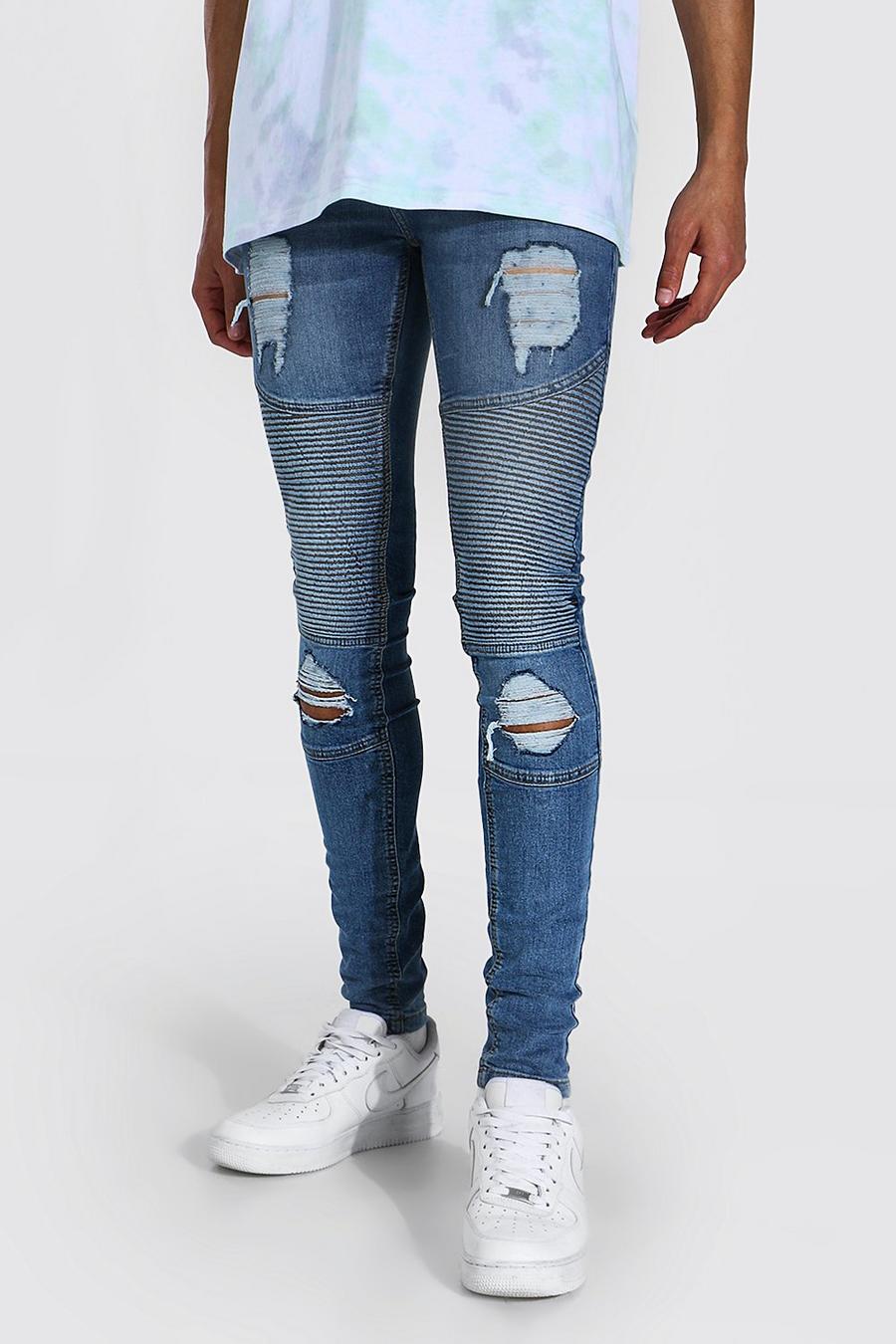Mid blue Tall - Slitna super skinny jeans med bikerdetaljer image number 1
