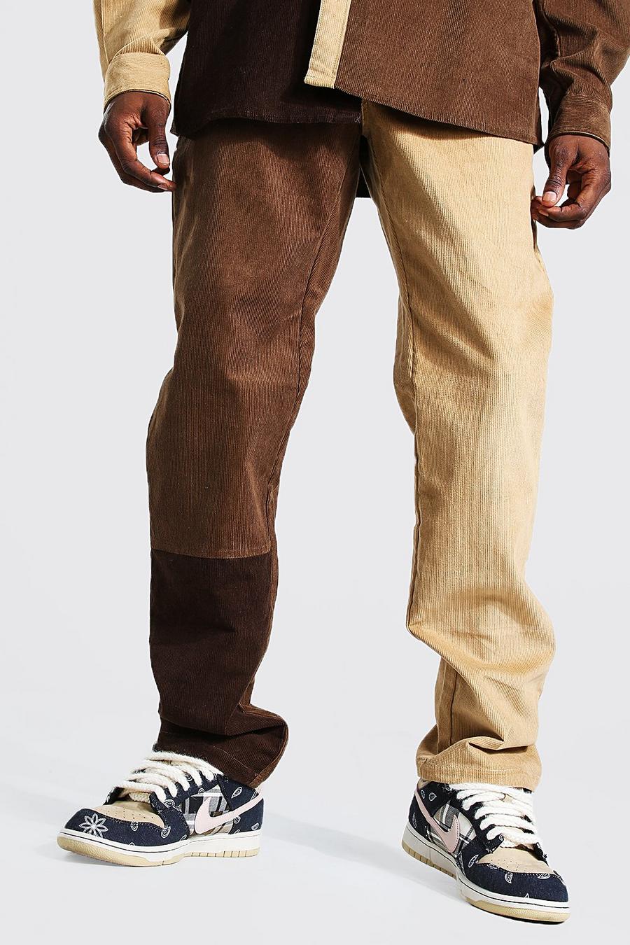 Brown Colour Block Cord Straight Leg Pants image number 1