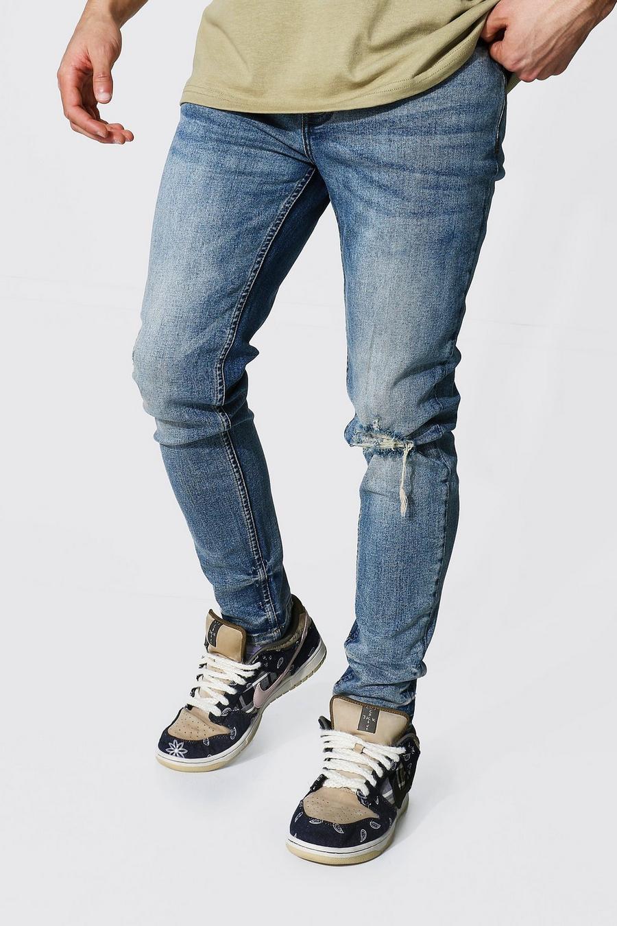 כחול עתיק סקיני ג'ינס נמתח עם קרעים בברכיים image number 1