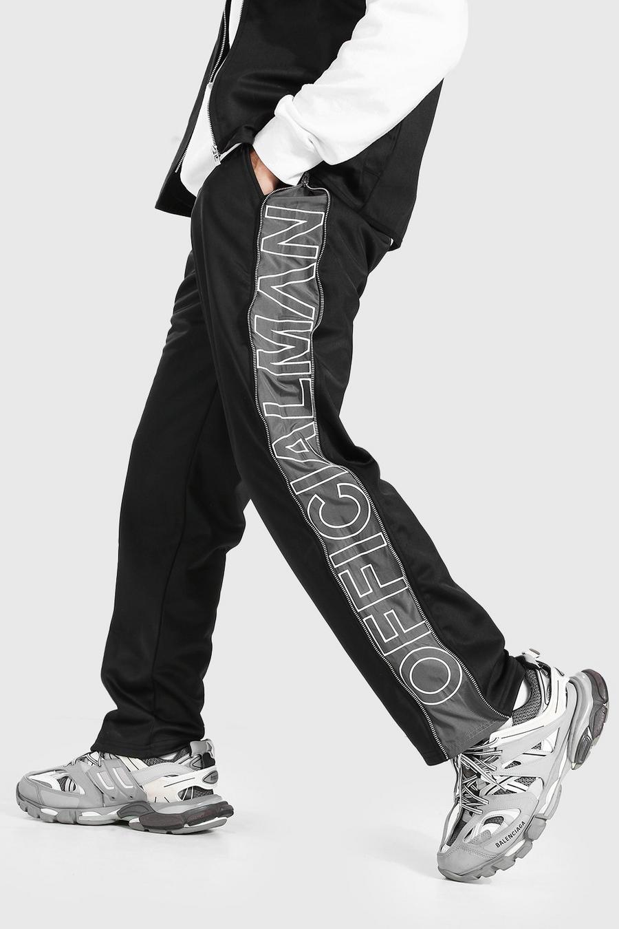 Pantalones de deporte con cremallera de pierna ancha y bordado Official Man, Negro image number 1