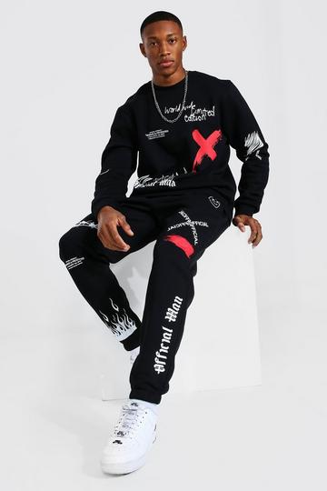 Oversized Man Graffiti Sweatshirt Tracksuit black