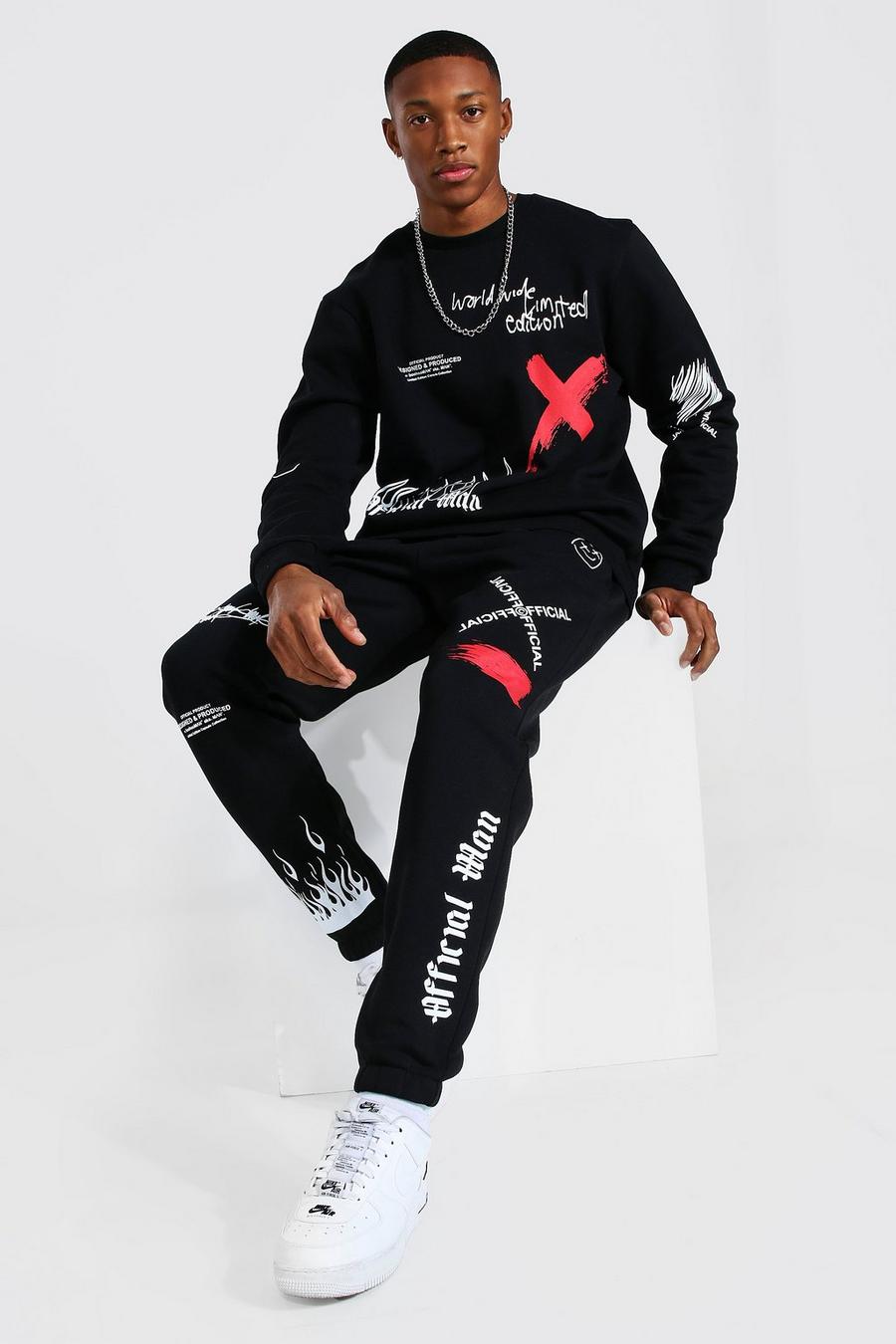 Black MAN Oversize träningsoverall med sweatshirt och graffititryck image number 1