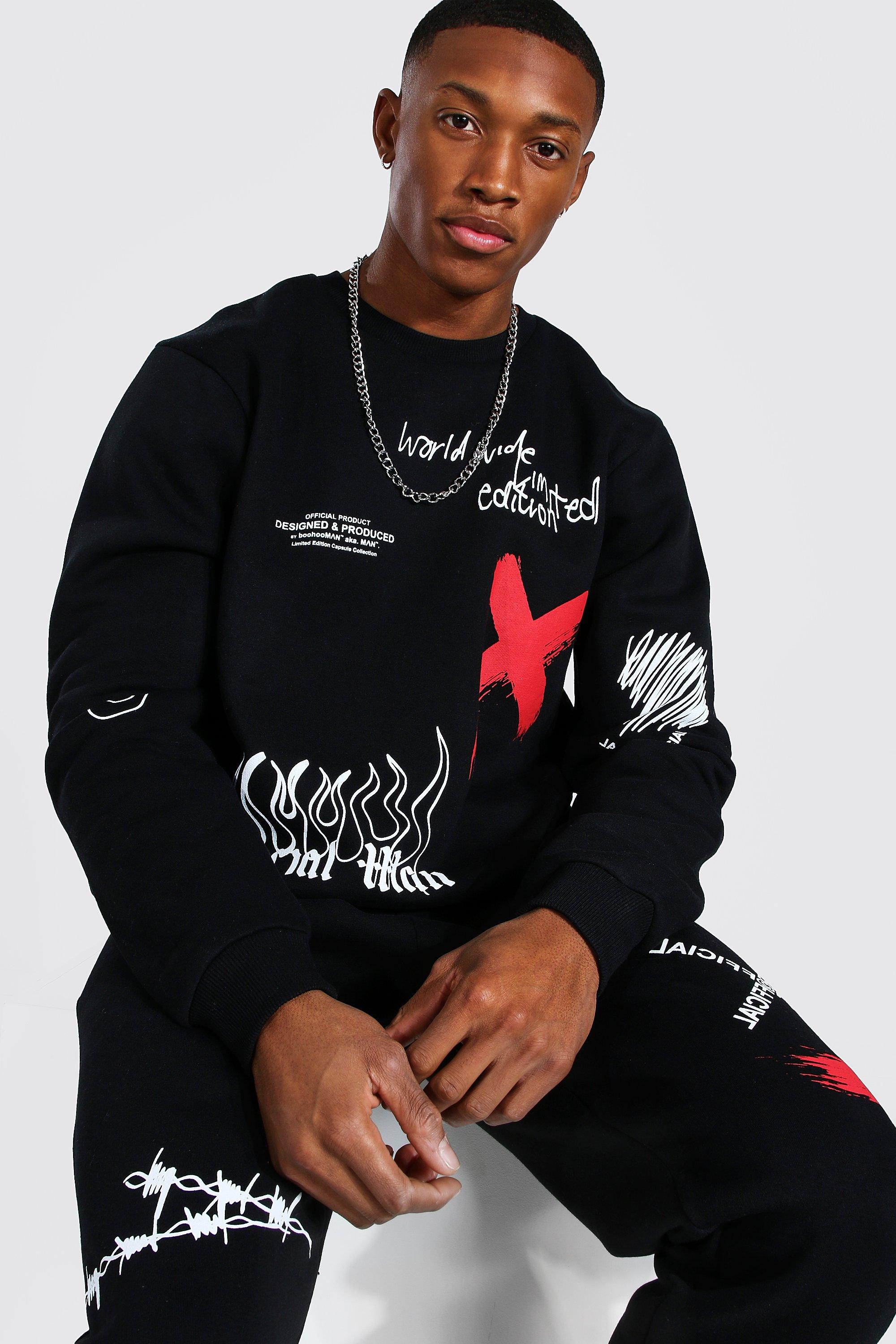 Graffiti Print Sweatshirt Set: Loose Hoodie And Baggy Sweatpants