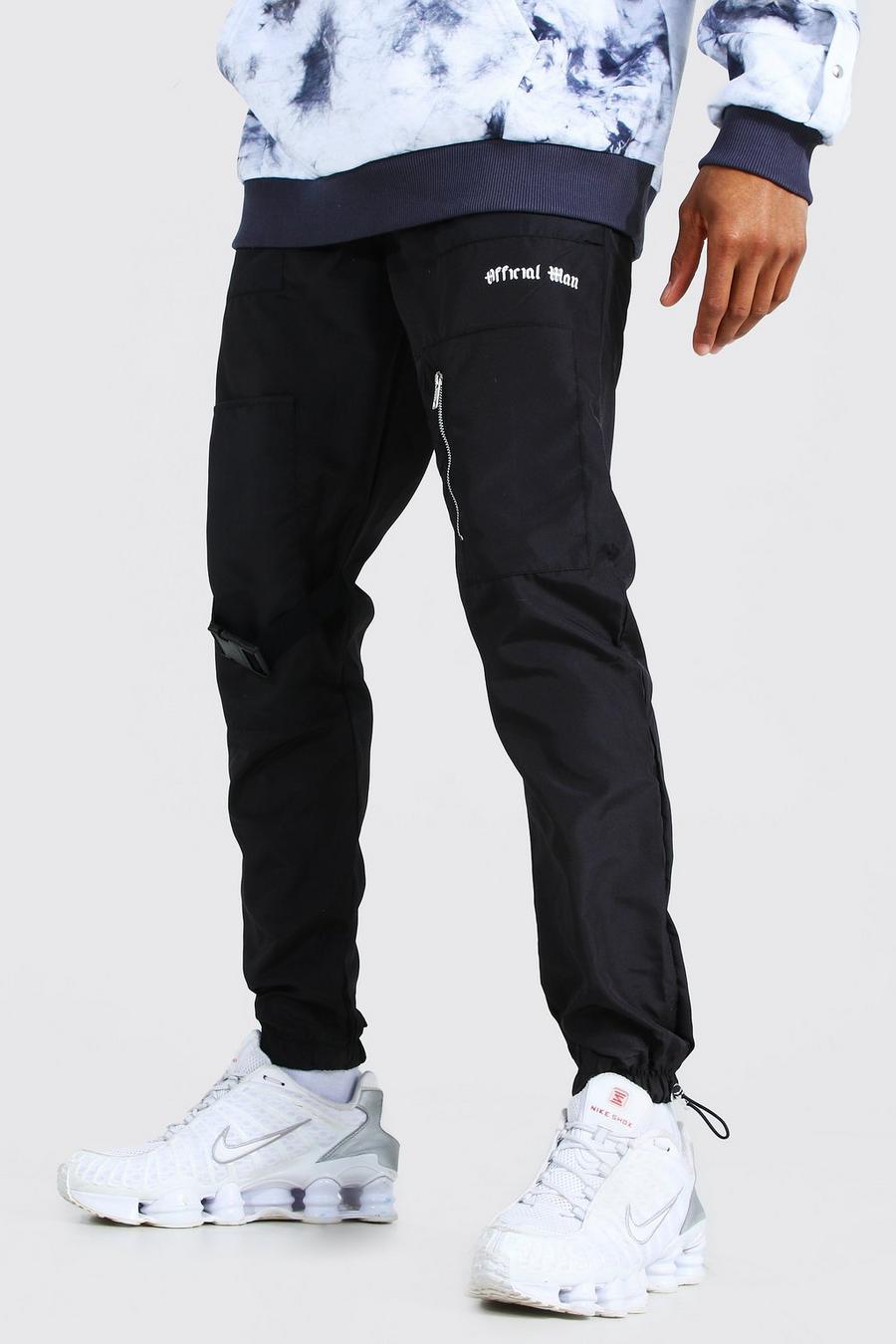 שחור מכנסי ריצה מבד מעטפת עמיד עם עיטור אבזם Official Man image number 1