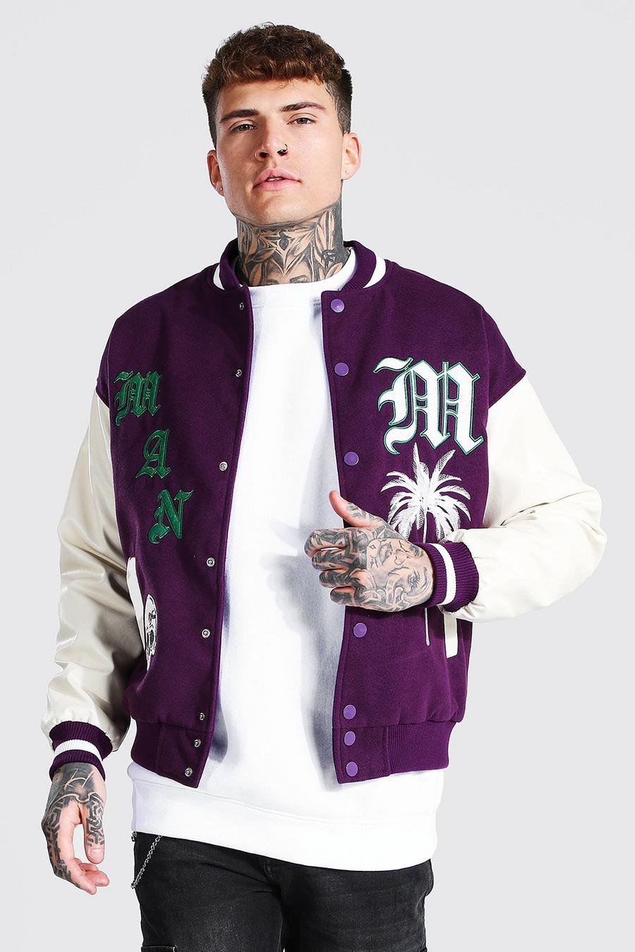 Purple Knitted Collar Varsity Bomber image number 1