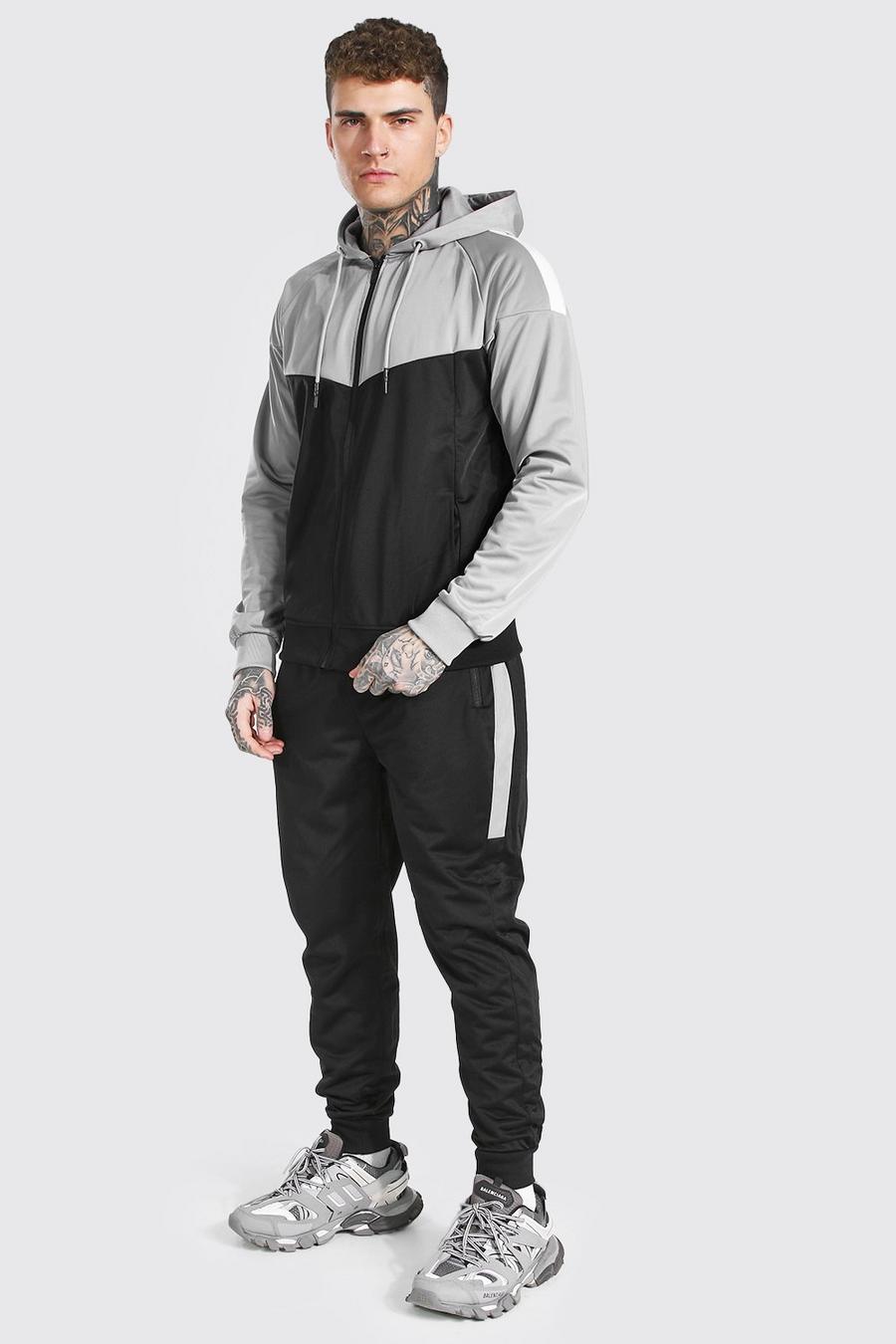 Black Poly Colour Block Zip Hooded Tracksuit image number 1