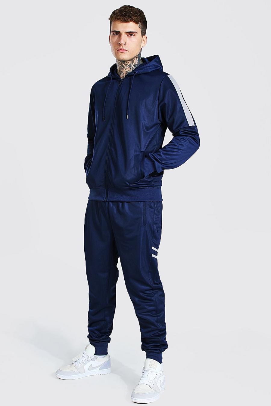 Tuta sportiva con cappuccio in poliestere con cerniera e dettagli a contrasto, Blu oltremare image number 1