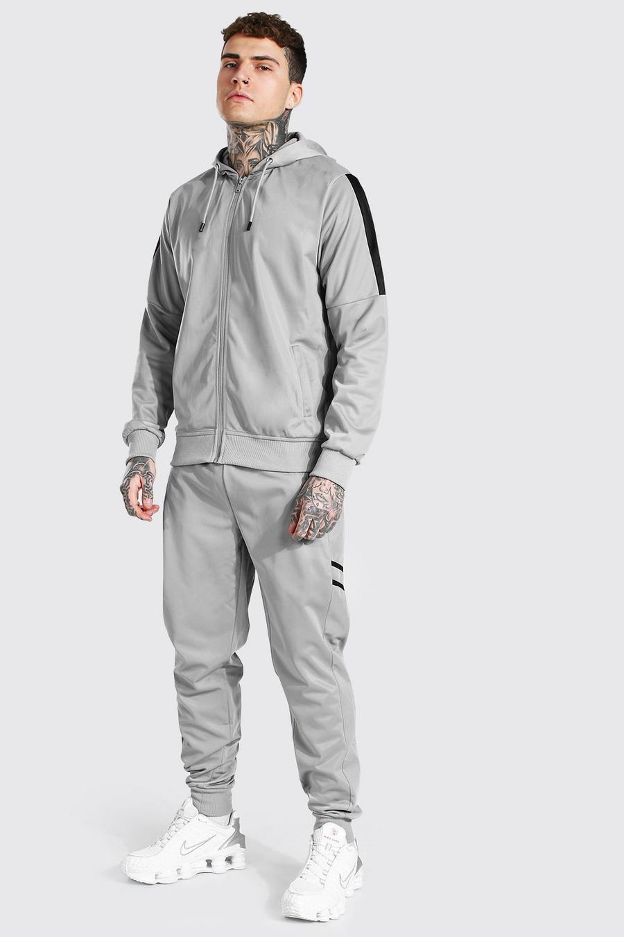 Grey Poly Zip Hooded Contrast Detail Tracksuit image number 1