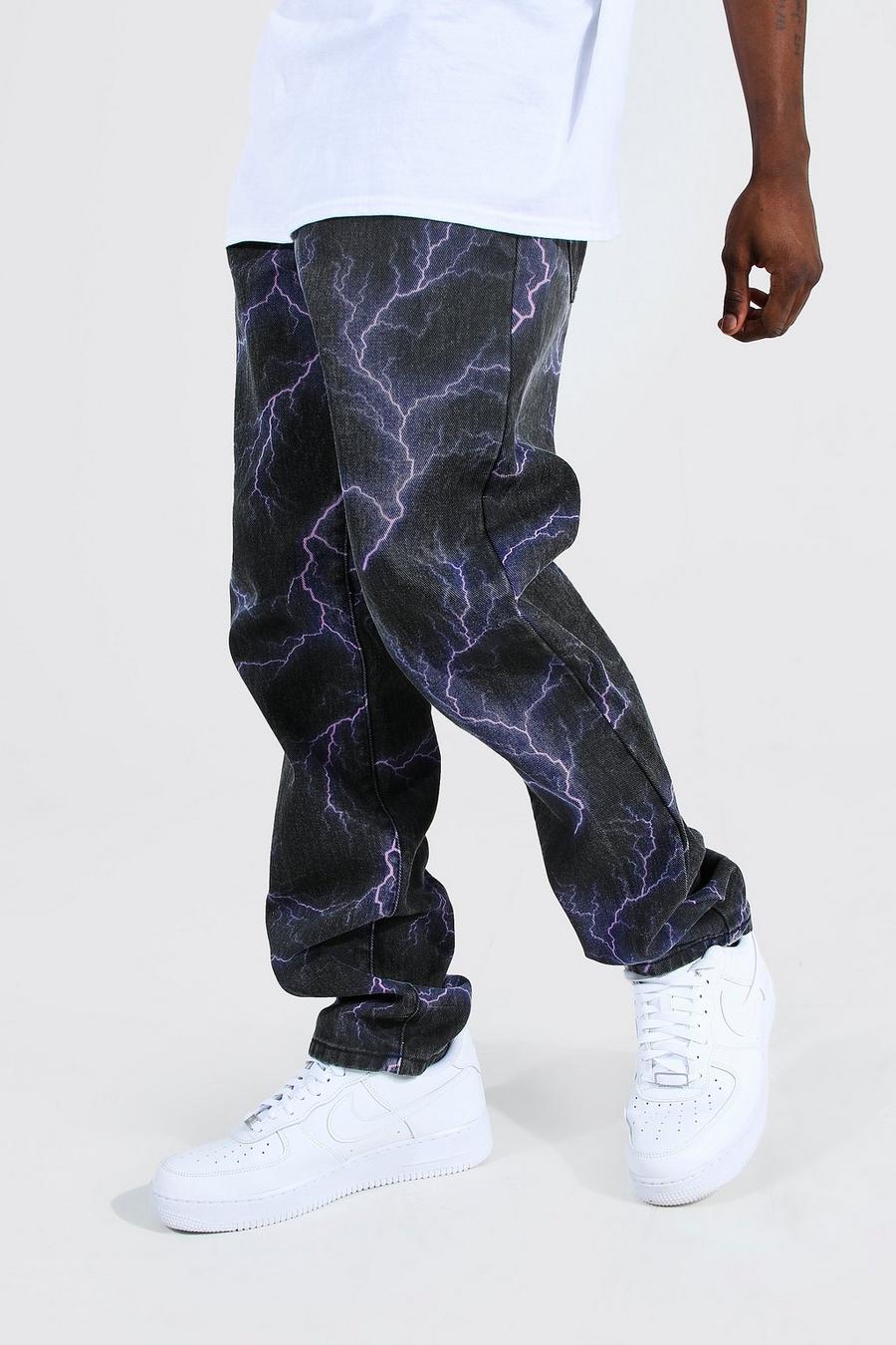 Men's Relaxed Fit Lightning Printed Jeans | Boohoo UK